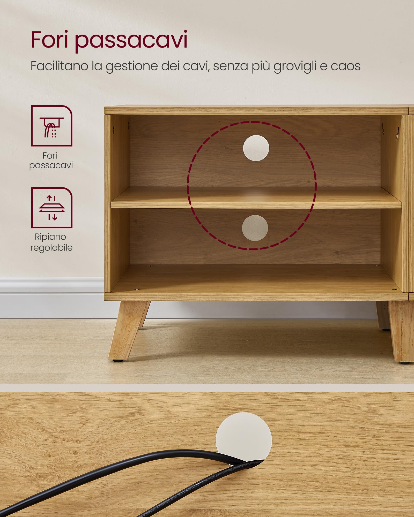 VASAGLE Mobile TV per Televisore fino a 60 Pollici, Armadietto per TV con 2 Ante, Ripiani Regolabili, Lungo 140 cm, per Soggiorno, Camera da Letto, Rovere Naturale e Bianco Crema LTV027N01