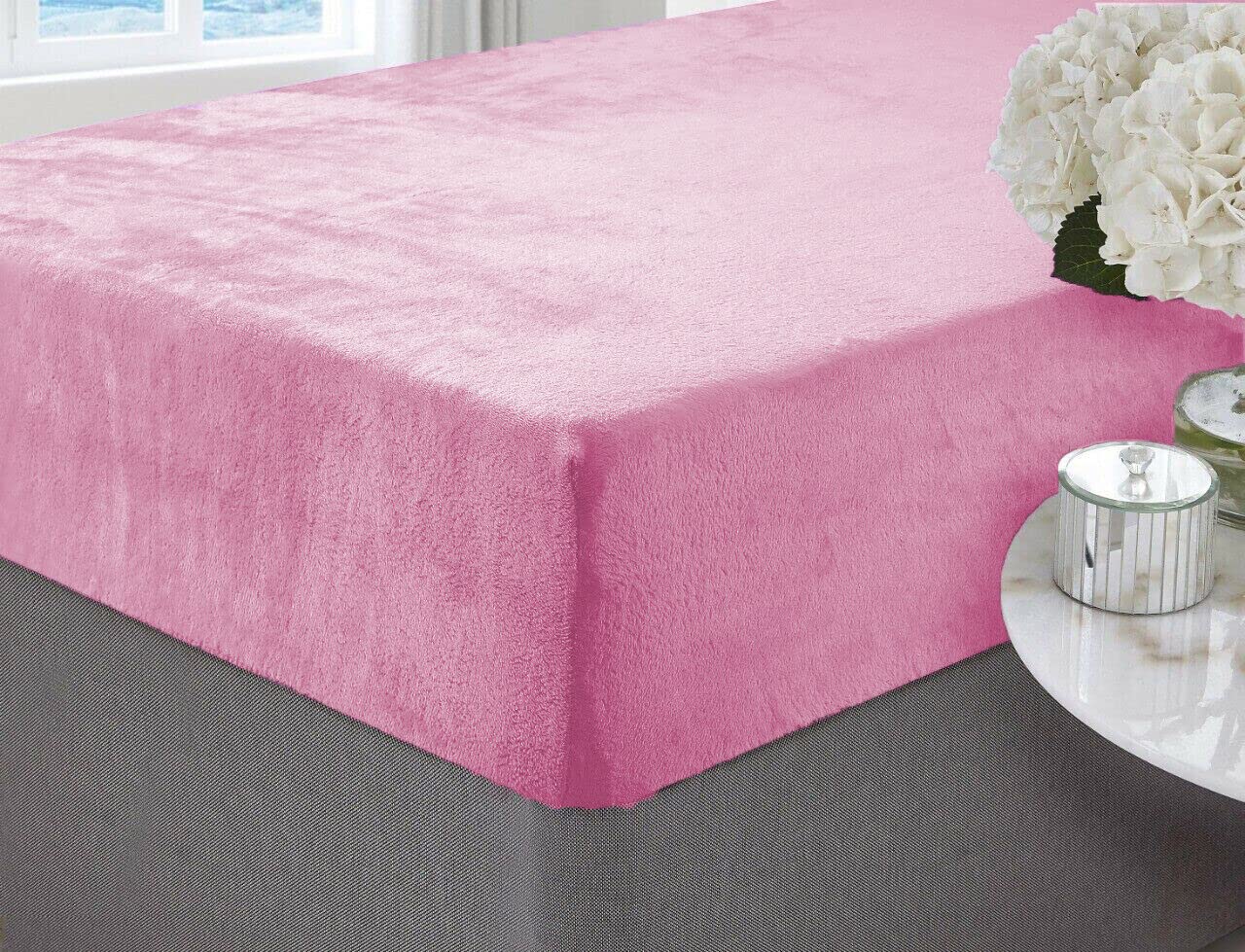 Bluemoon Bedding Pink Teddy Fleece Extra Deep Fitted Sheet Cosy Warm Fluffy Fitted Bed Sheets, Plain Thermal Warm Soft Luxury Bedding (, Single)