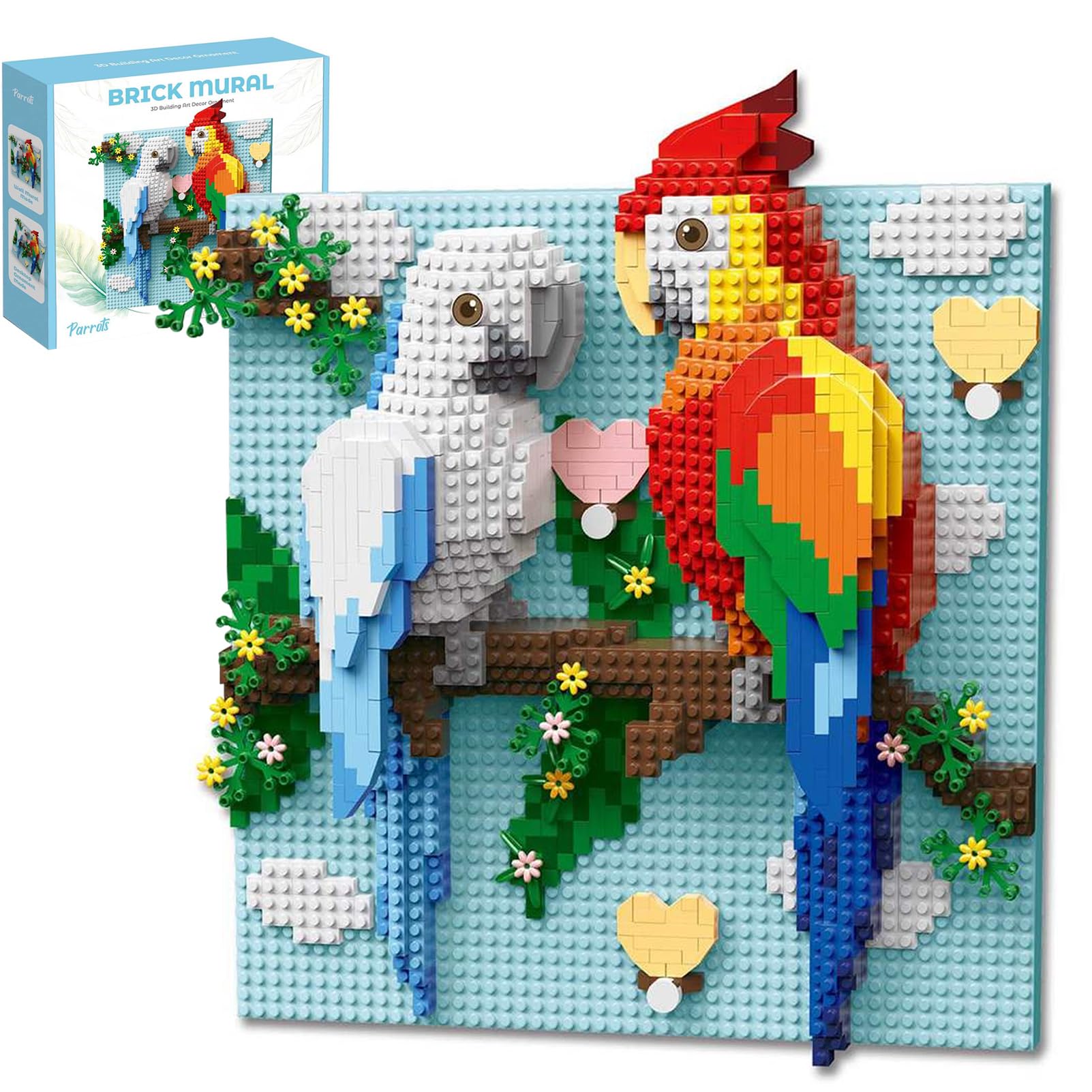 1680+PCS 3D Wall Art​ Building Blocks Kit, Mini Parrot Brick Mural Plaque​ With Flowers, Home Wall Decor​ And Tabletop Display For Adults (22X22CM)
