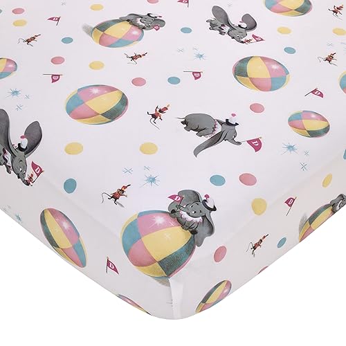 Disney Vintage Dumbo - Sábana bajera ajustable para cuna, color gris, blanco y multicolor, con diseño de banderas de circo, bolas y Timothy Mouse