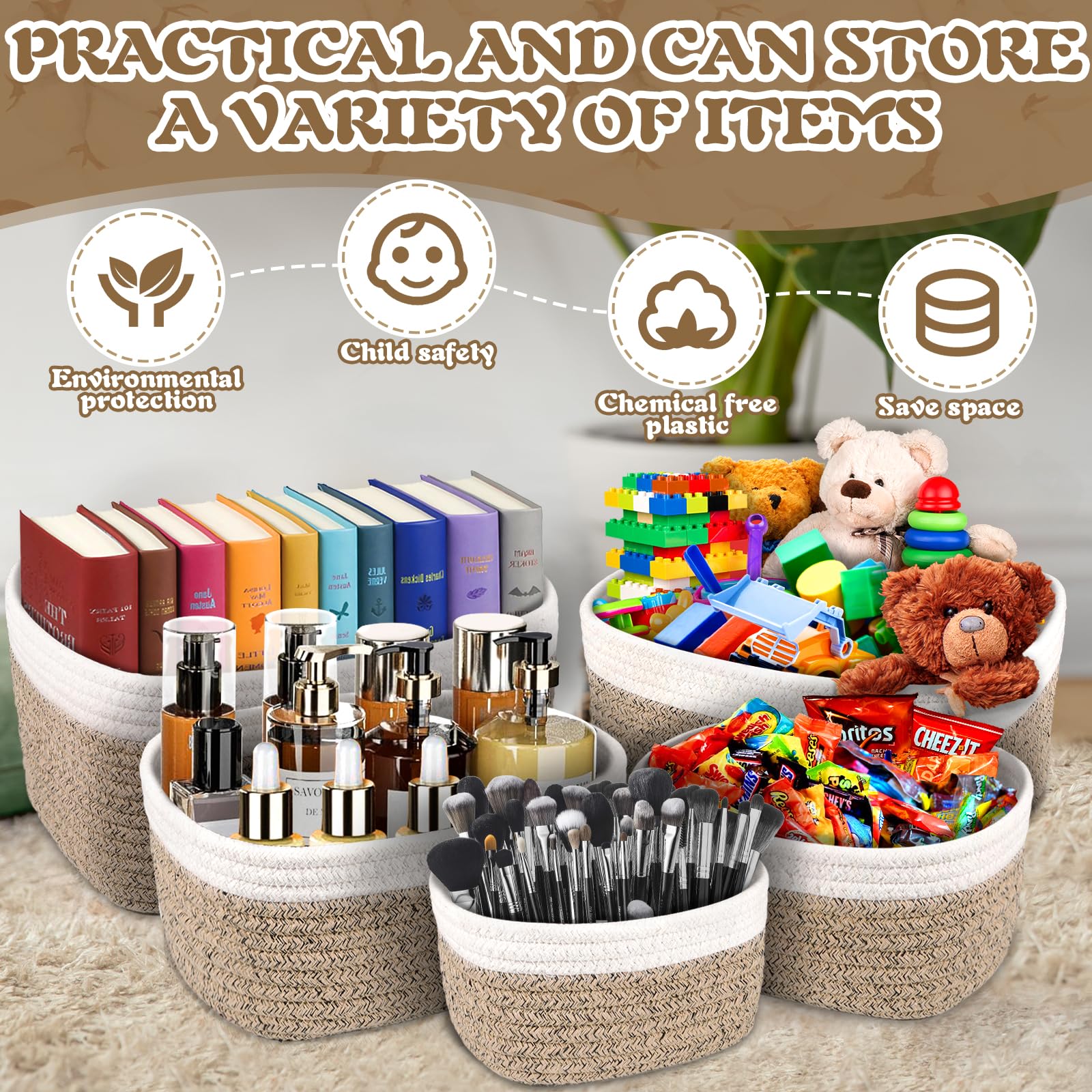 Set di 5 Cestini Portaoggetti Intrecciato in Corda di Cotone, Cestino Portaoggetti Bagno,Impilabile Organizer Fasciatoio, Decorazione Cestini Stoccaggio per Bagno Cameretta Salotto Ufficio