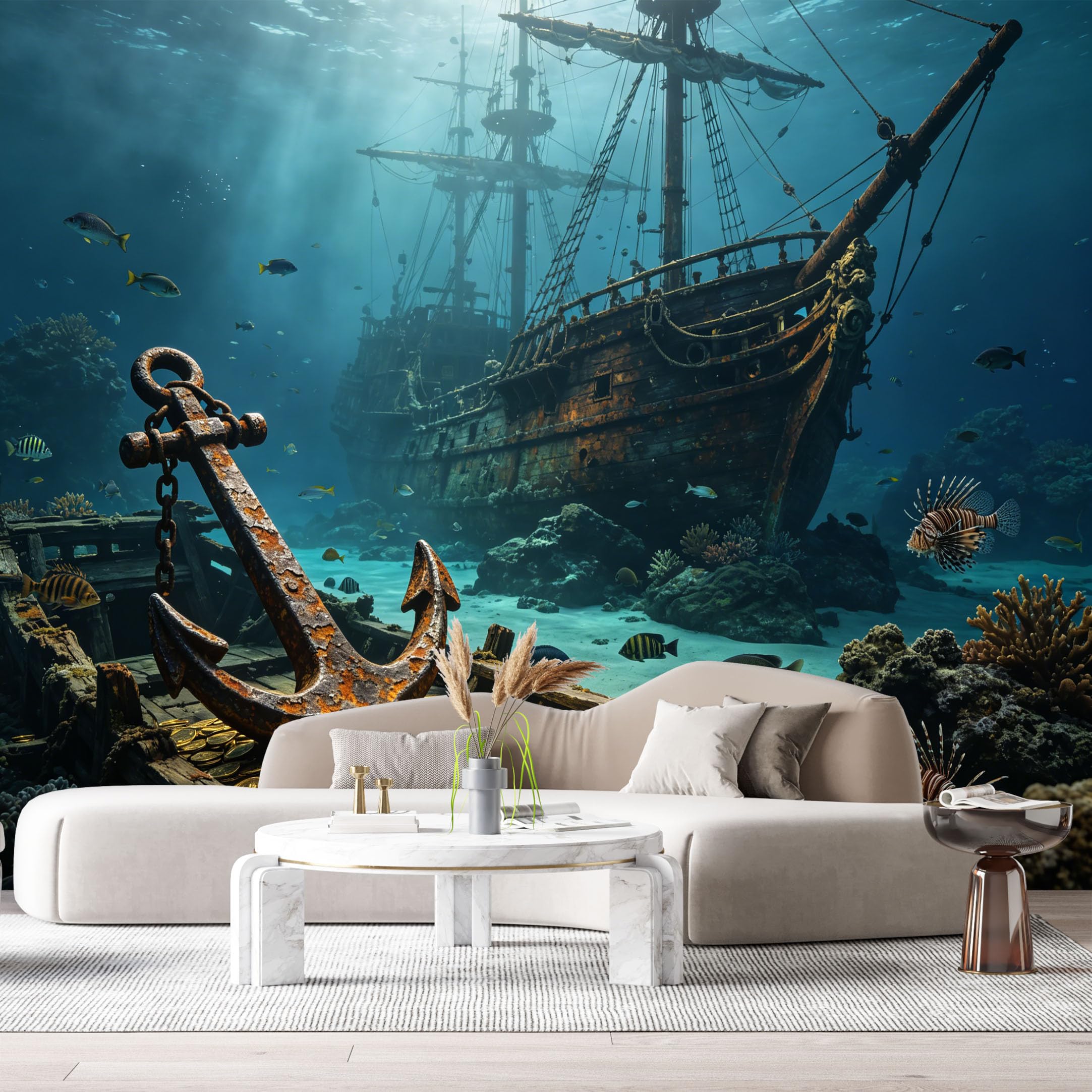 Custom Size Wall Murals Ocean Marine 3D Shipwreck Anchor Gold Coins Underwater Scenery SelfAdhesiveWall Fabric Removable Wallpaper Wall Decor for Living Room Bedroom Bathroom