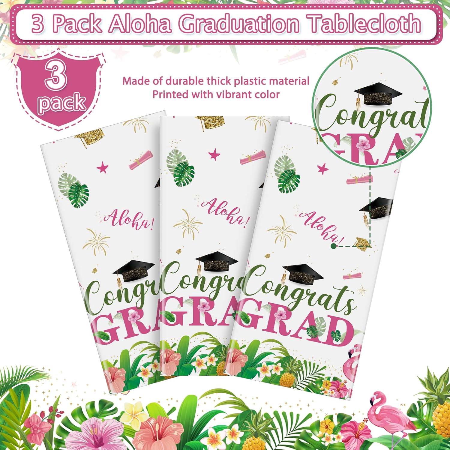 MASHAN 3Pack 2026 Aloha Graduation Tablecloths,Disposable Hawaiian Luau Congrats Table Cloth,Plastic Tropical Grad Table Covers for Class of 2026 Graduation Party Supplies,54 x 108 Inch