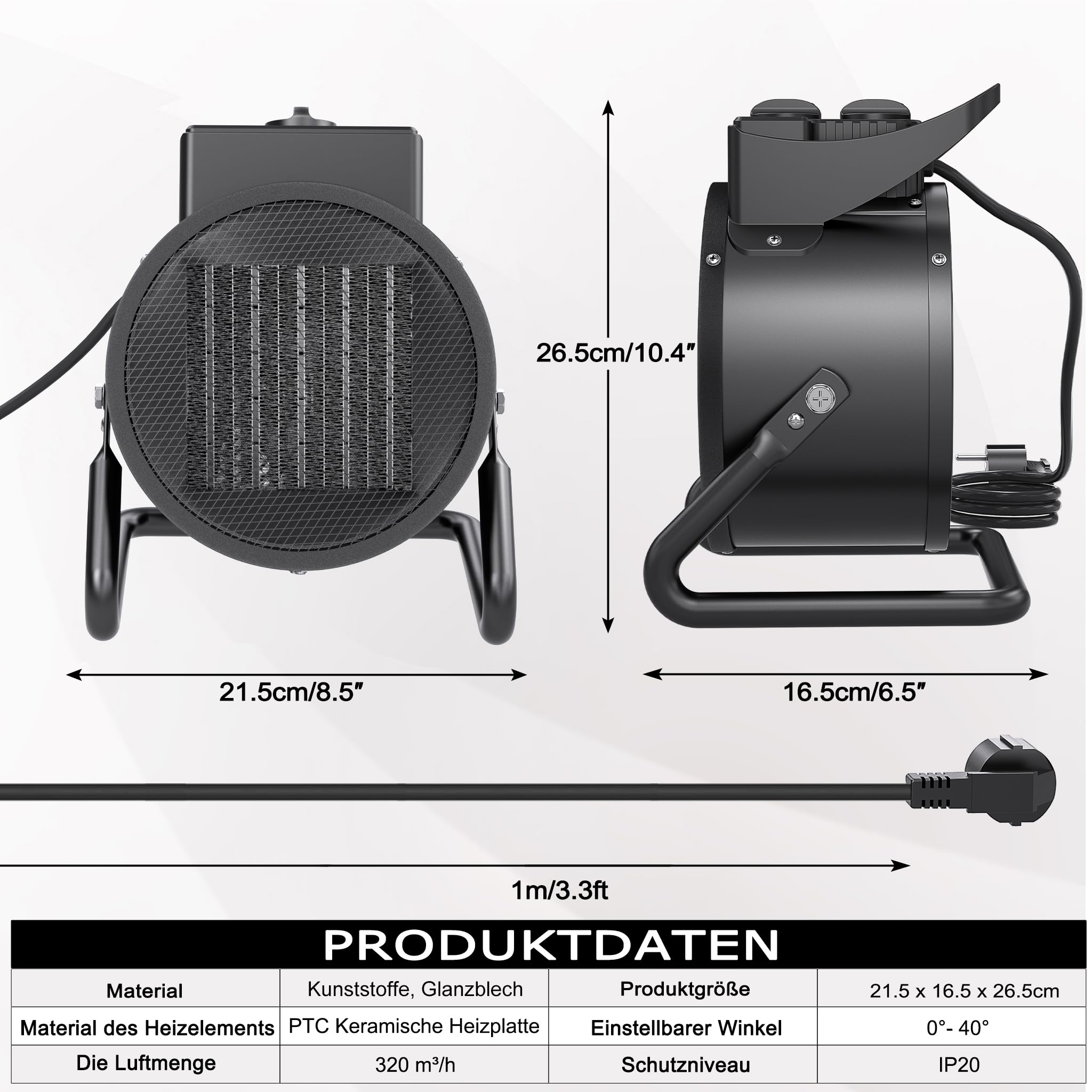XMTECH Ceramiczny termowentylator elektryczny, w zestawie 2 stopnie grzania (1500 W/3000 W), ceramiczny element grzejny PTC, elektryczna dmuchawa grzewcza, grzejnik elektryczny, grzejnik budowlany na