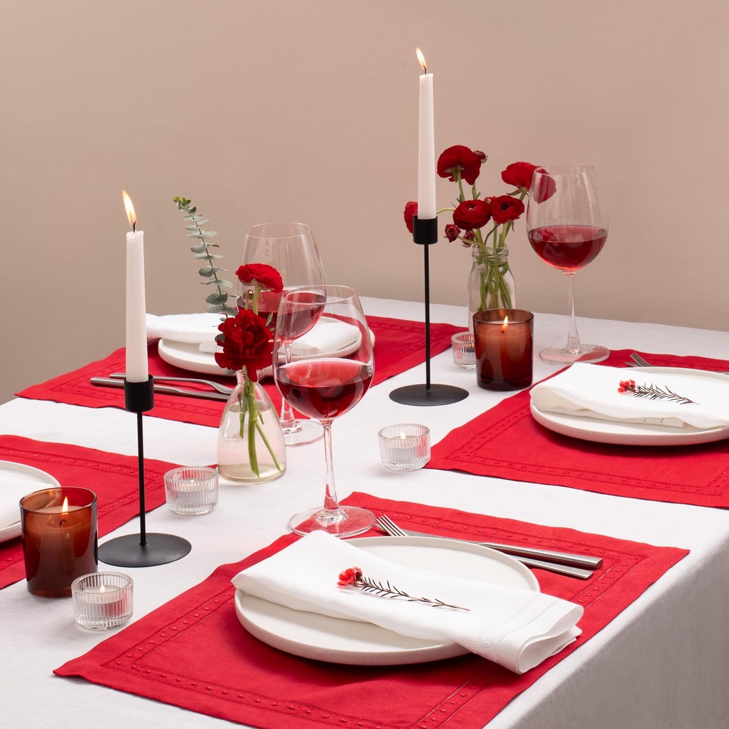 Linen Placemats 14 x 19 inch - 100% Linen Red Placemat with Embroidered Dot Set of 4 - Hemstitch Placemat Washable for 4th of July