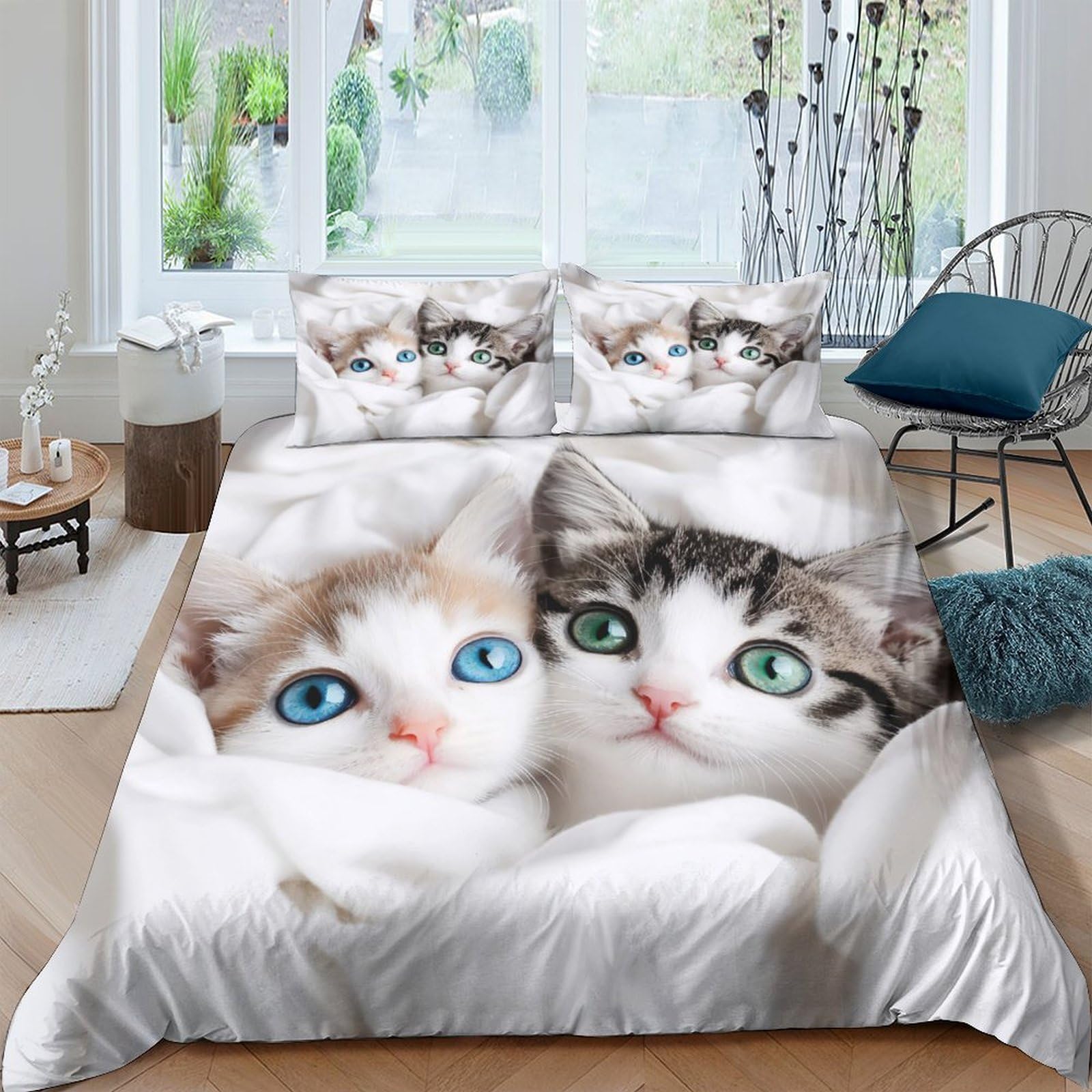 GPLZQXKJNH 3D Printed Cute Cat Duvet Cover Set Microfiber Soft Breathable Kitten Quilt Cover with 2 Pillowcases for Bedroom Decor Single（135x200cm）