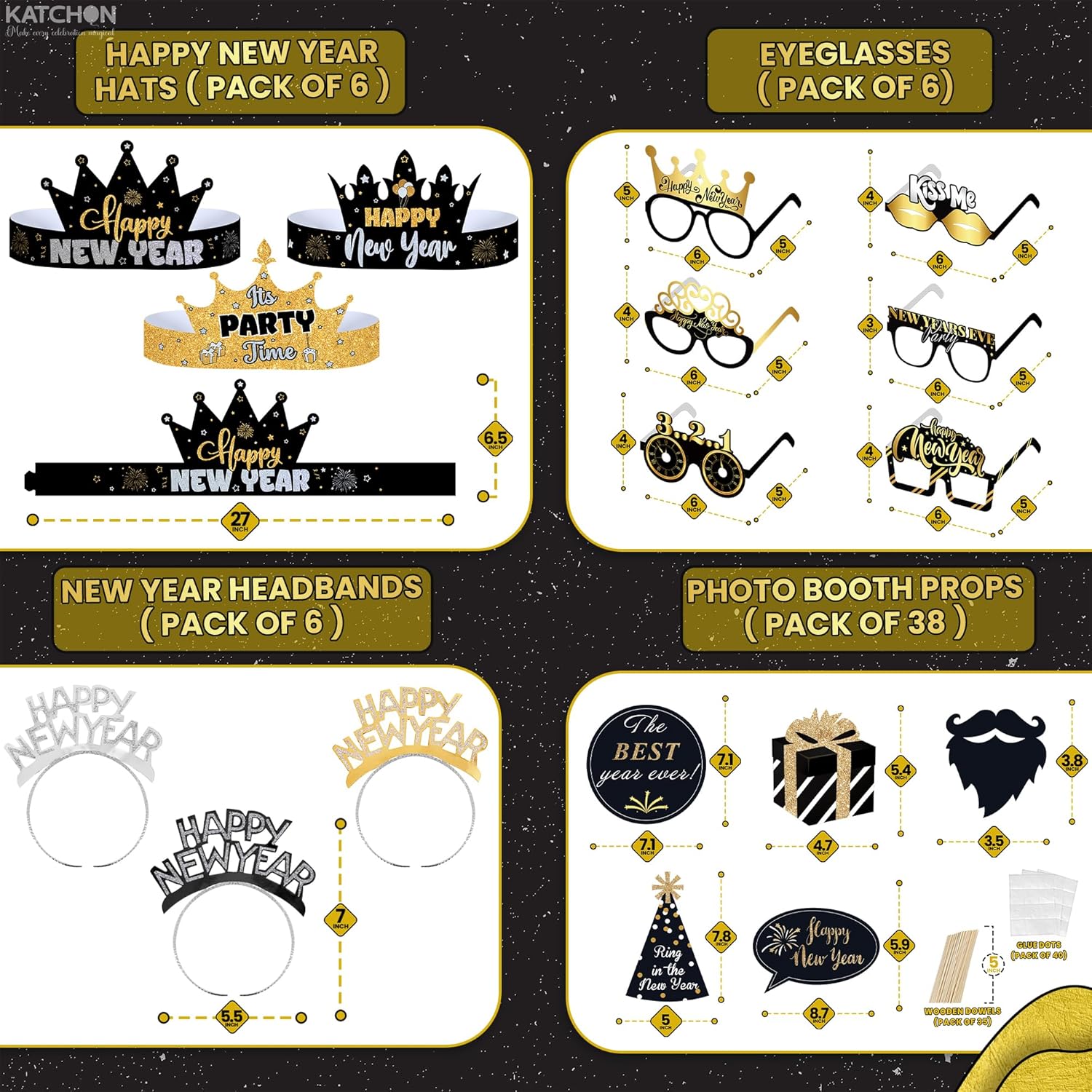 KatchOn, New Years Eve Party Favors - Pack of 74 | Happy New Year Glasses, Photo Props, Hats and Noise Makers | New Years Headband 2026, New Year's Eve Party Supplies for Happy New Year Decorations - Image 3