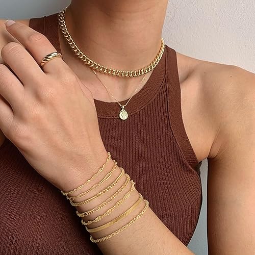 Miniatura 2 de Reoxvo Pulseras delicadas para mujer, de moda, chapadas en plata de ley, cadena de eslabones de latón chapado en oro de 14 quilates, joyería para