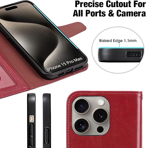 Miniatura 214 de Arae Compatible with iPhone 15 Case with Card Holder and Wrist Strap Wallet Flip Cover for iPhone 15 6.1 inch,Wine Red