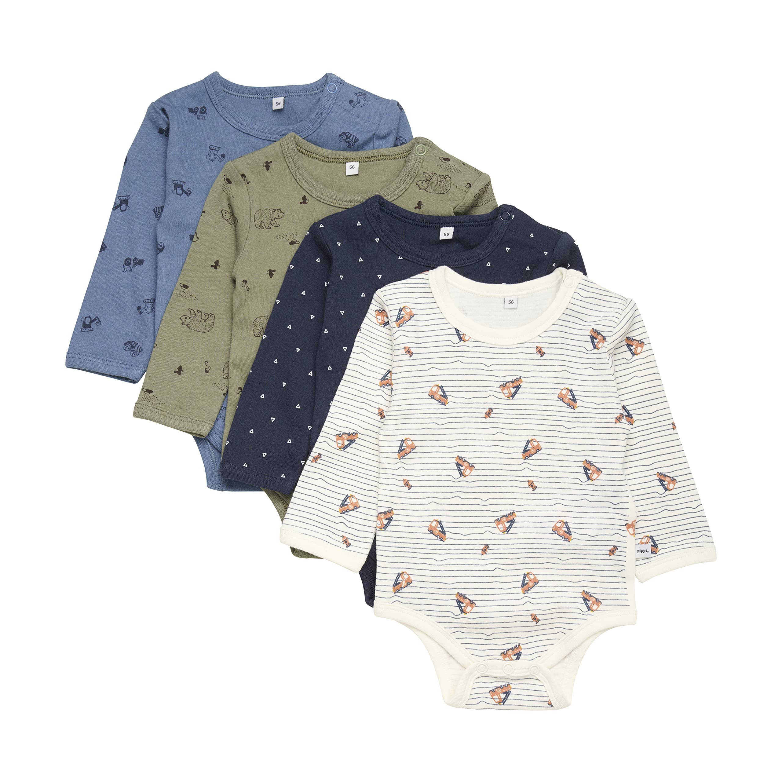 PIPPI Unisex Baby Body LS AO-printed (4-pack) Formender Body, Khaki, 56