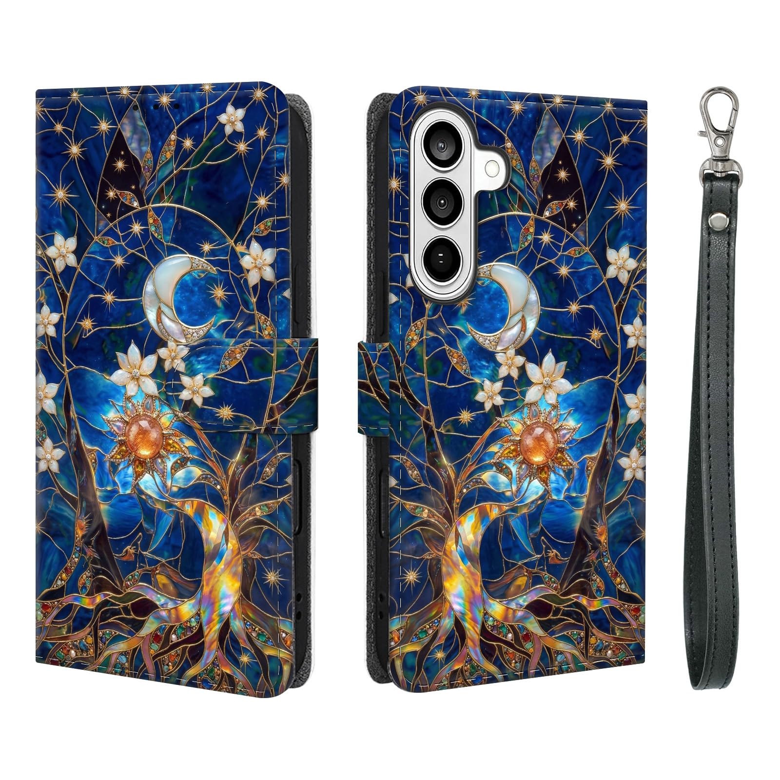 Funda tipo cartera para Samsung Galaxy A17 5G con correa para la muñeca, bloqueo RFID, funda de piel con tapa para teléfono, soporte para tarjetas, funda protectora para mujer, árbol de la