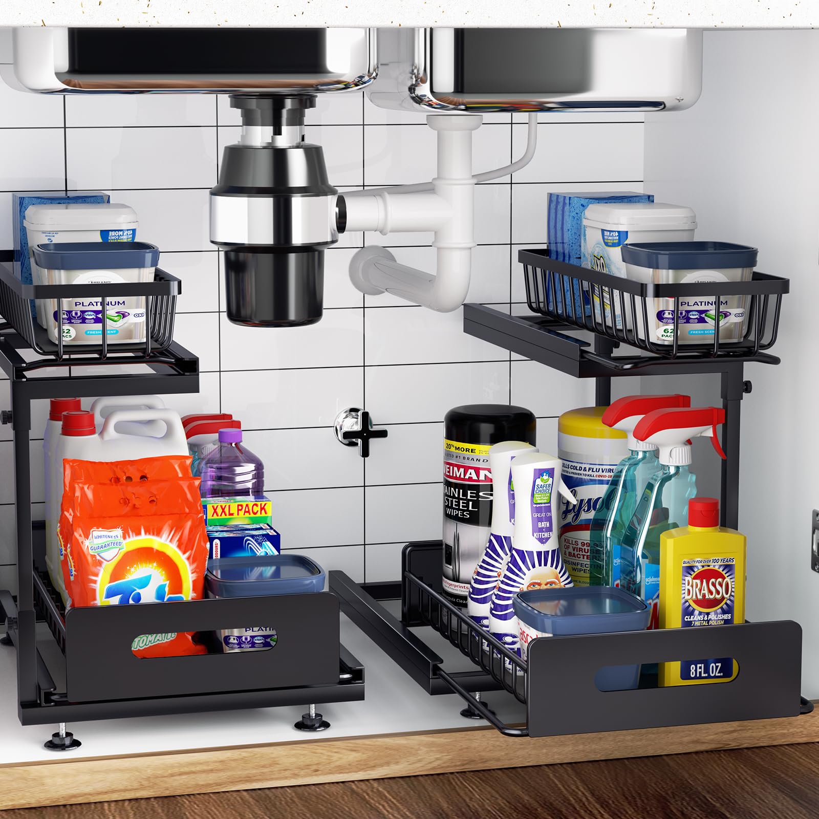 Truoctdu Under Sink Organizer and Storage, Pull Out Cabinet Organizer 2 Tier Pull Out Sliding Cabinet Organizer Height Adjustable Storage Shelves, Under Sink Storage for Kitchen Bathroom (2 pack)