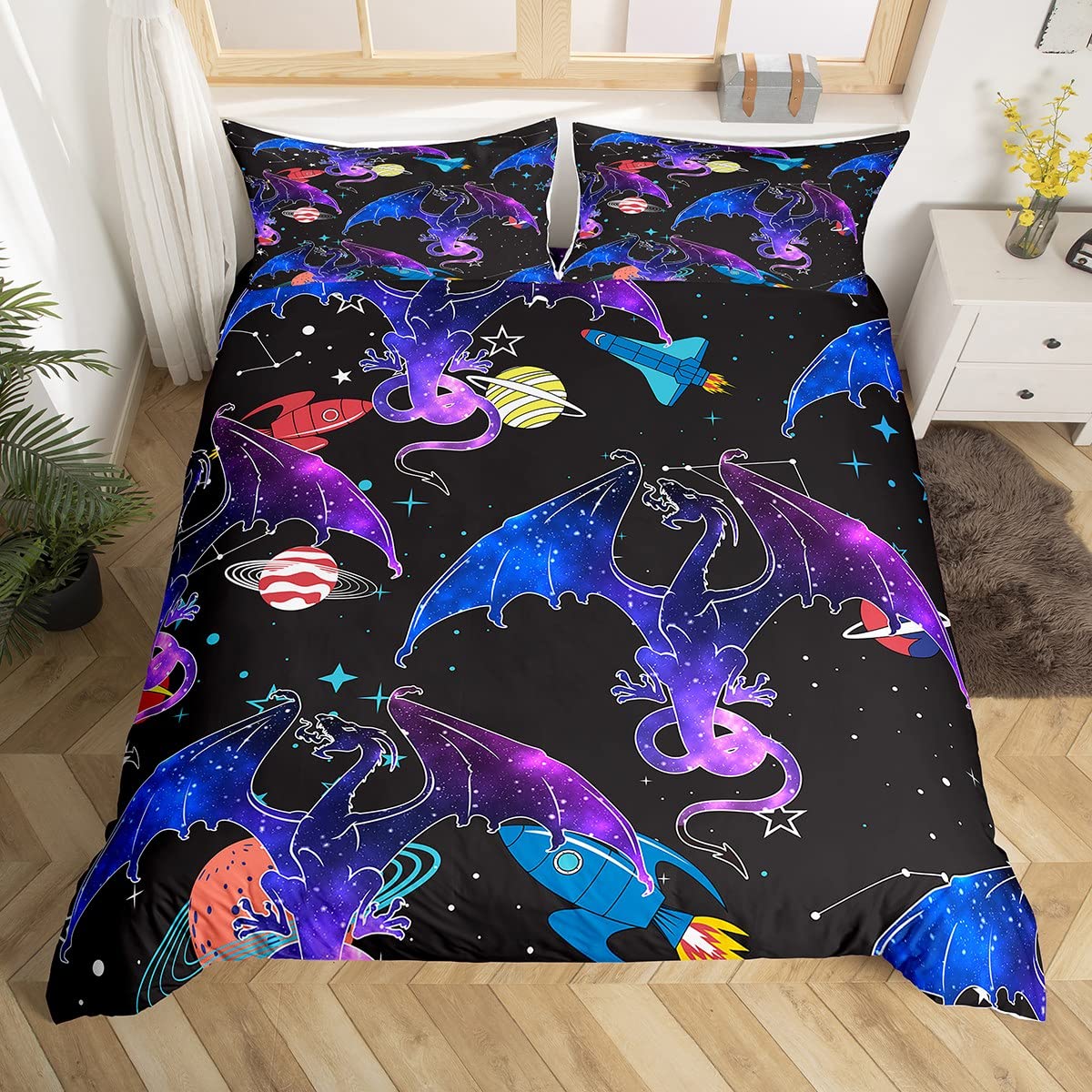 Homemissing Galaxy Dragon Bedding Set Outer Space Starry Sky Duvet Cover for Kids Boys Girls Jungle Animals Dragon Comforter Cover Colorful Comforter Cover 3Pcs Super King Size โ image 1