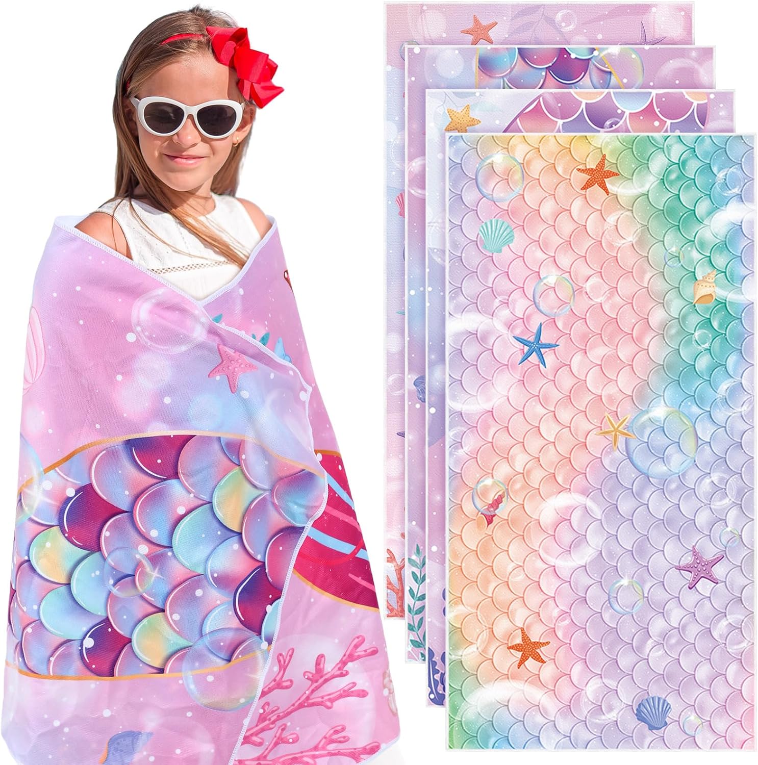 Mindsoft 48 x 24 Inches 4 Pcs Mermaid Beach Towel, Microfiber Quick Dry Mermaid Tail Beach Towel Blanket for Travel Shower Swimming Camping Bath Pool Gifts