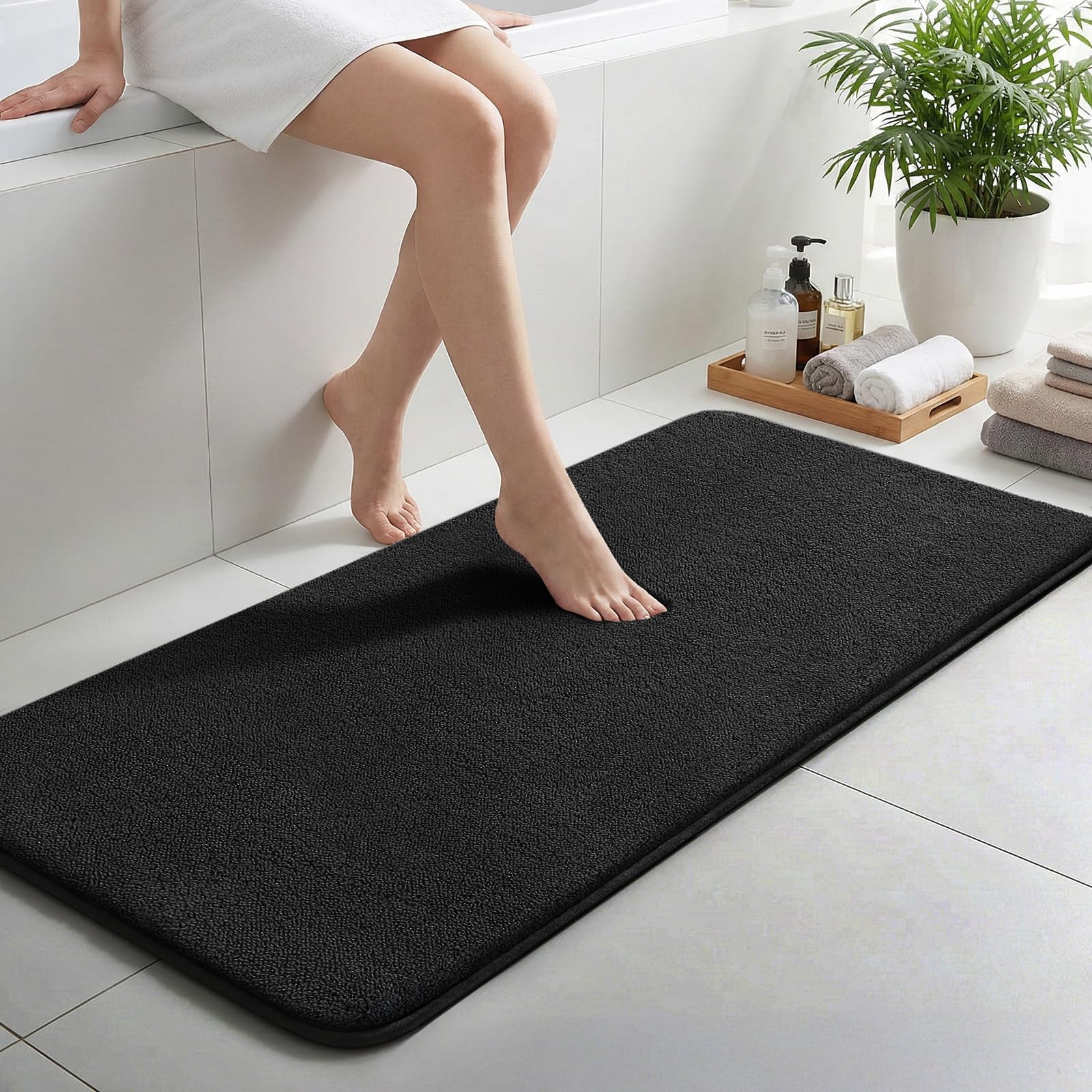 Sour Lemon Extra Large Bath Mat 60 x 150 cm, Black Soft Microfiber Bathroom Runner, Non Slip Super Absorbent Bathmats, Fluffy Shaggy Bath Rug for Bathroom Shower Floor, Machine Washable