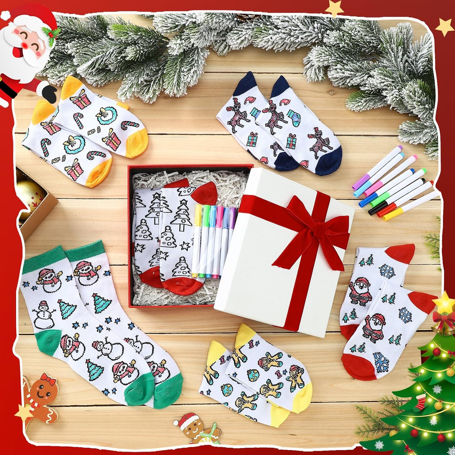 12 Pairs Doodle Socks Color Your Own Socks DIY Drawing Craft Arts with 48 Pcs Markers