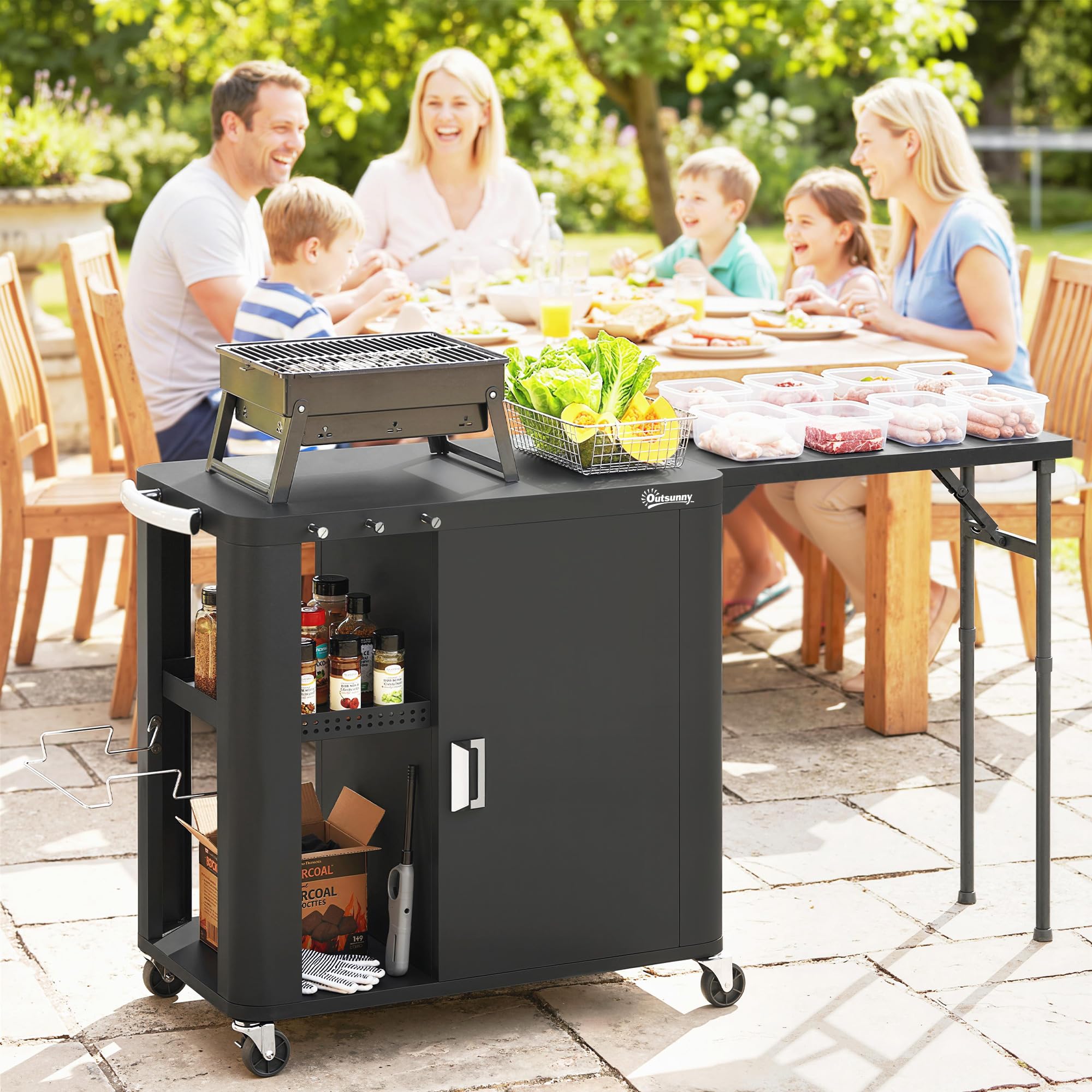 Outsunny Desserte jardin chariot de barbecue sur roulettes îlot de cuisine avec table latérale pliable placard étagères ouvertes porte-papier support sacs poubelle trois crochets 166 x 54 x 88 cm noir