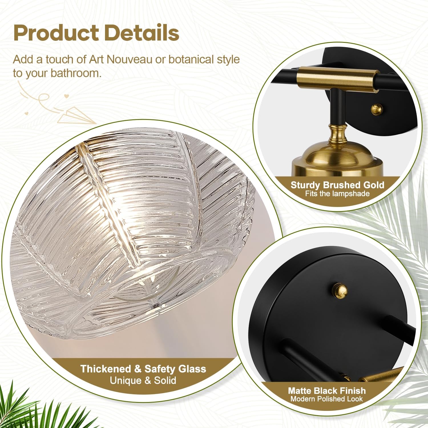 MOKATNG Bathroom Light Fixtures, 3-Light Clear Vanity Lights with Unique Leaf Texture Glass Shade, Modern Matte Black and Gold Bathroom Wall Lamp for Mirror Hallway Cabinet Living Room