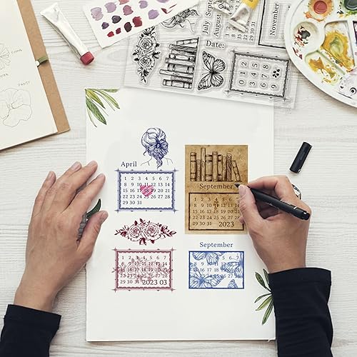 Miniatura 2 de GLOBLELAND Calendarios vintage, sellos transparentes, libros, marcos vintage, máquina de escribir de flores de mariposa, sellos de silicona