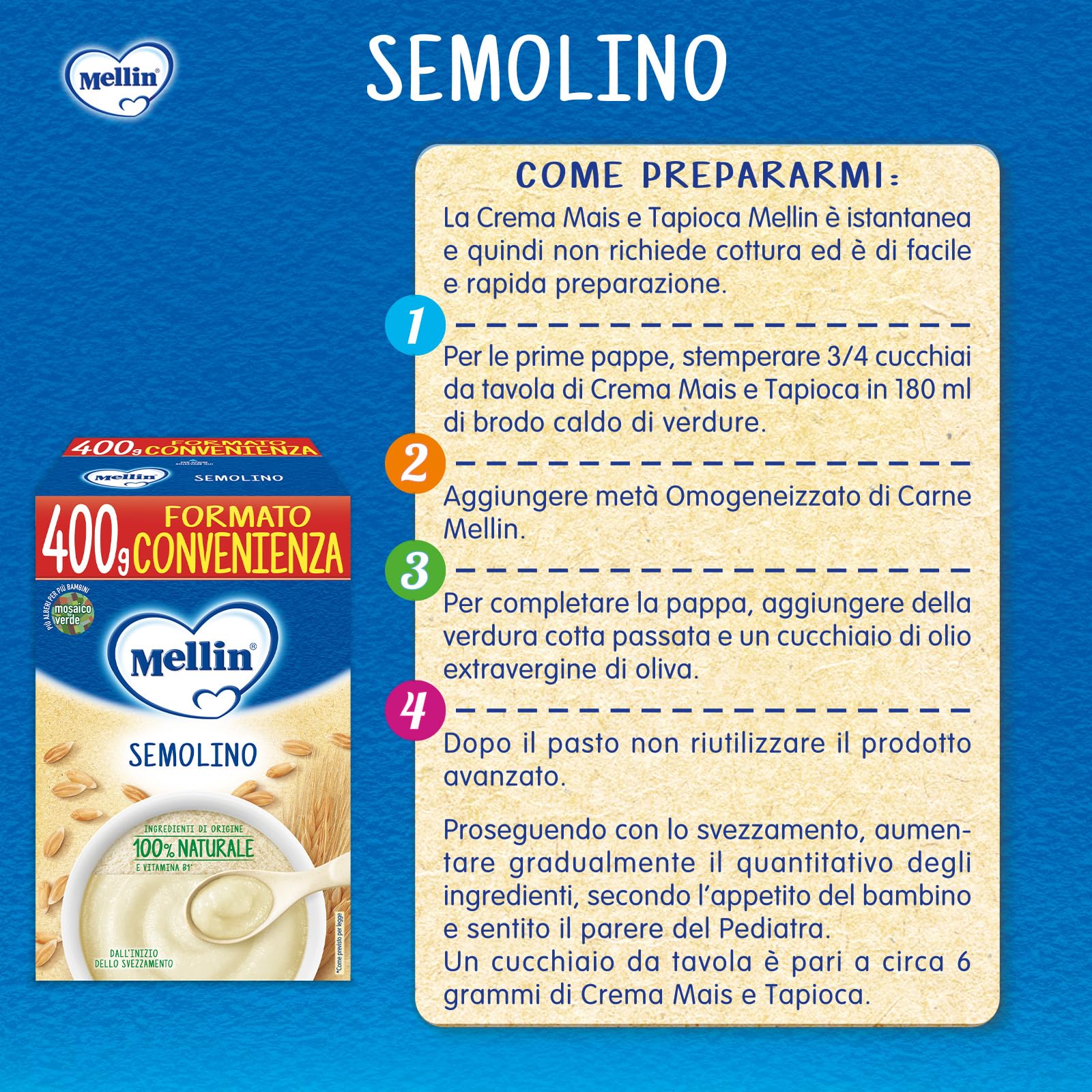 Mellin - Semolino - Alimento con Vitamina B1, per Bambini dal 4° Mese Compiuto - 6 Confezioni da 400gr (Totale 2400gr)