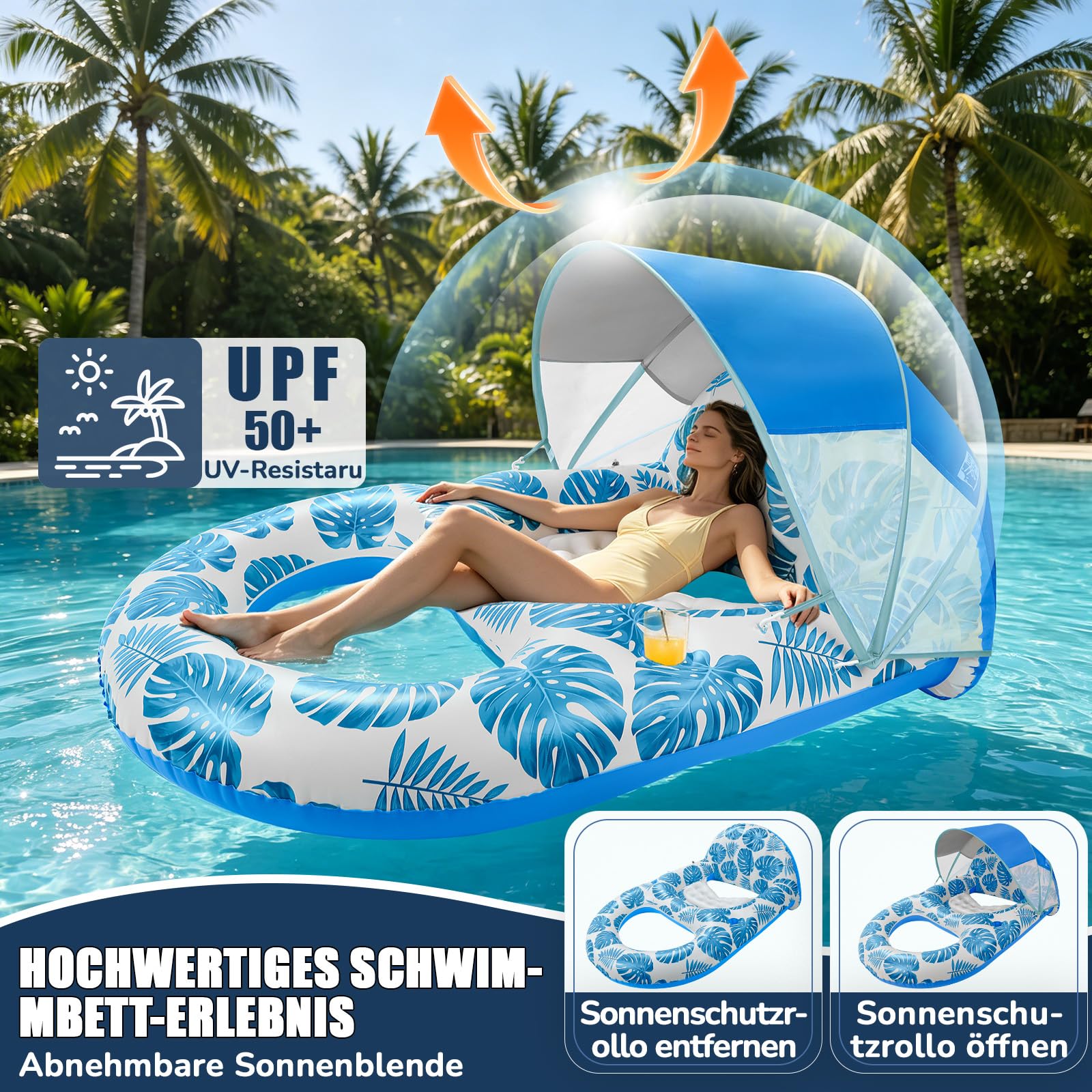 Luftmatratze Pool, Aufblasbares Sonnenpool Wasser Aufblasbarer Sessel Schwimmbad-Flöße Erwachsene mit Verstellbarem Sonnendach, Getränkehaltern und Fußstütze für SommerPool Strand