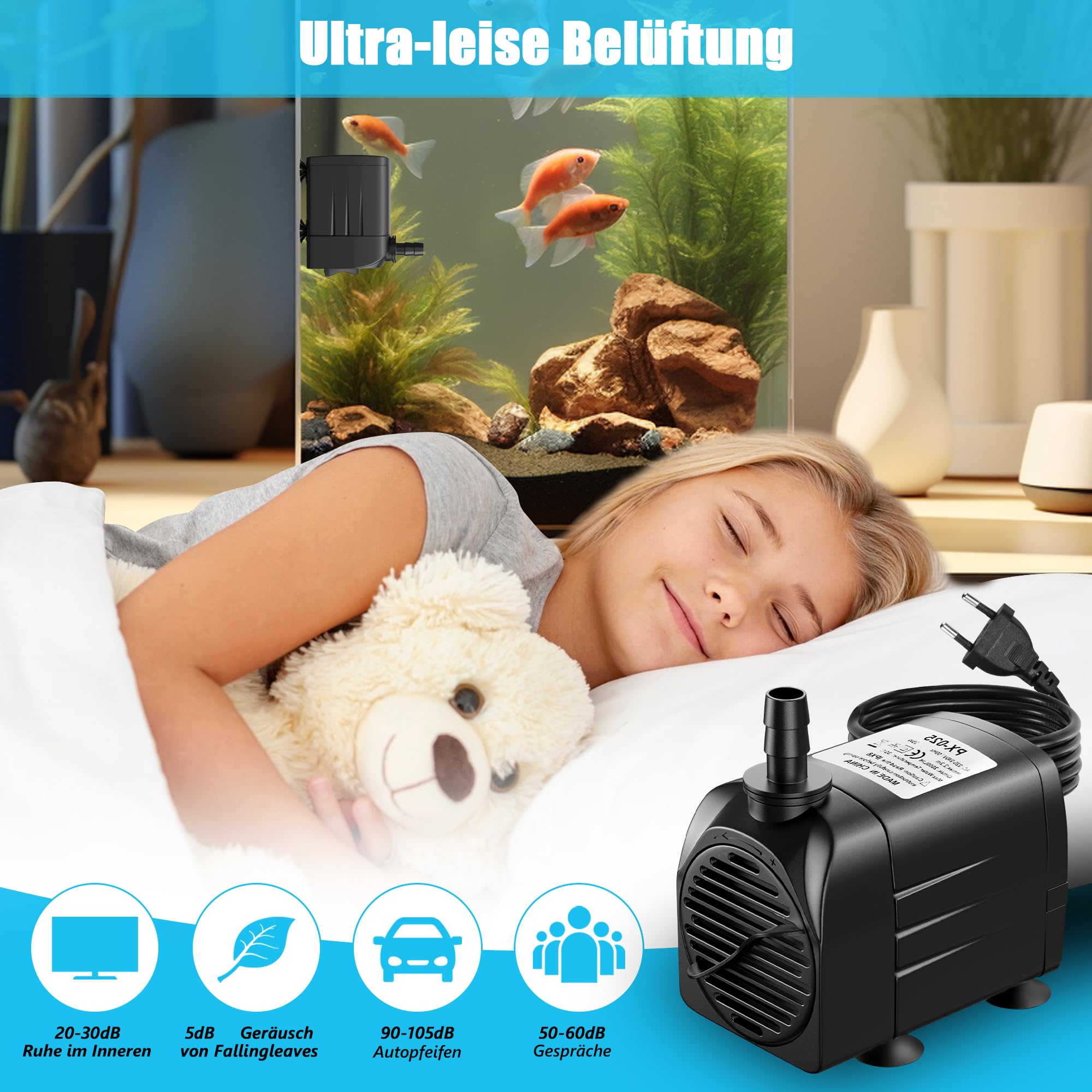 25W 2000L/H Aquarium Pumpe Wasserpumpe Tauchpumpe Förderpumpe Aquariumpumpe Fontänenpumpe für Aquarium Teich Garten und Hydroponiksystem Schwarz PX-025 (no light)
