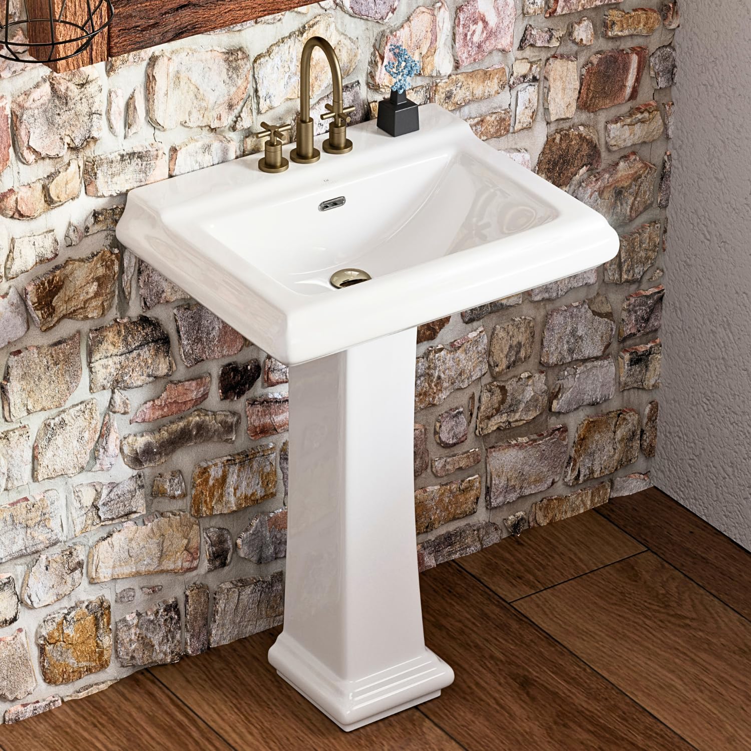 26"W x 20"D Rectangular Pedestal Sink With Large Capacity Bowl, Los Flexi 26 Inch Glossy White Ceramic Bathroom Pedestal Sink with 3 Faucet Holes at 4" Centers, Overflow, and Spacious Countertop