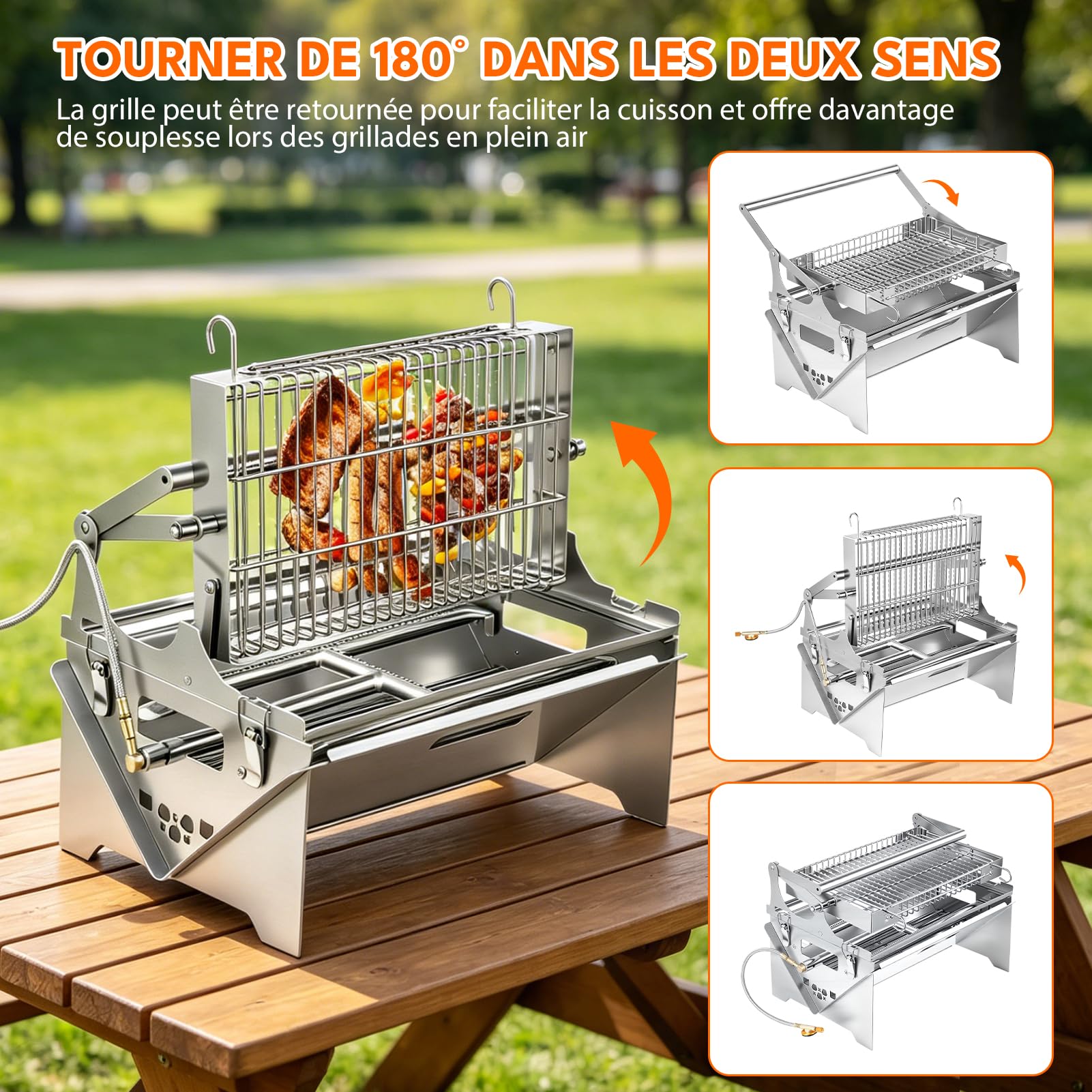 Barbecue au Gaz,Utilisation double Gaz/Charbon,Barbecue Charbon de Bois Portable avec Gril Rotatif 360°,Barbecues Pliable en Acier Inoxydable,pour Jardin, Terrasse, Pique-Nique, Camping