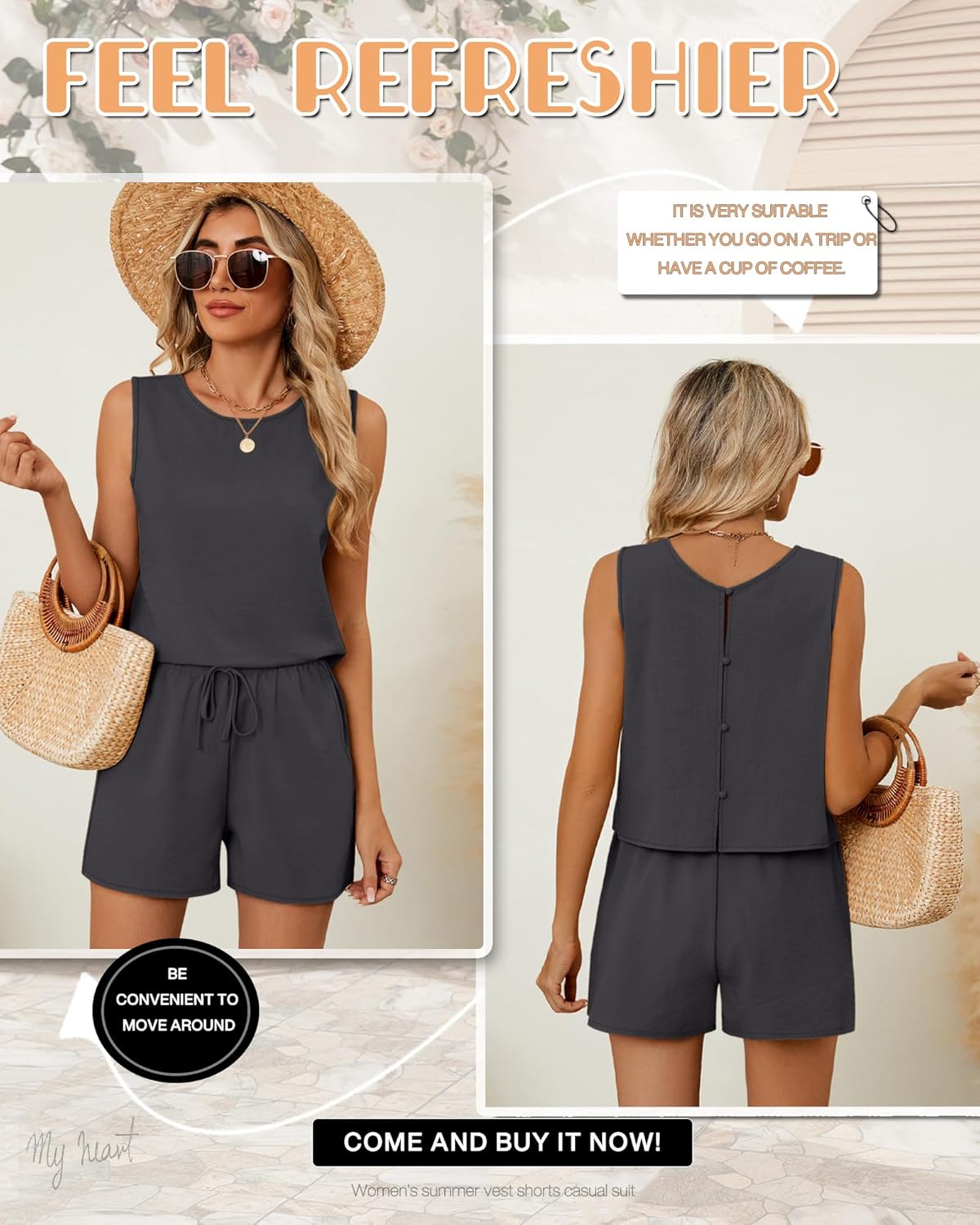 Ficerd Women's Summer 2 Piece Outfits Sets Cotton Linen Sleeveless Crop Top Tank and Drawstring Casual Shorts with Pocket - Image 2