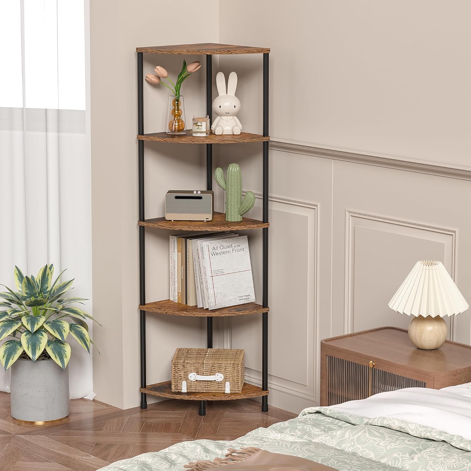 Corner Plant Stand Shelf, 5 Tier Tall Shelf Plant Stand for Indoor Plants, Rustic Brown Corner Bookshelf Wall Decor Living Room, 44.1" Display Shelf for Bedroom, Bathroom, Small Space