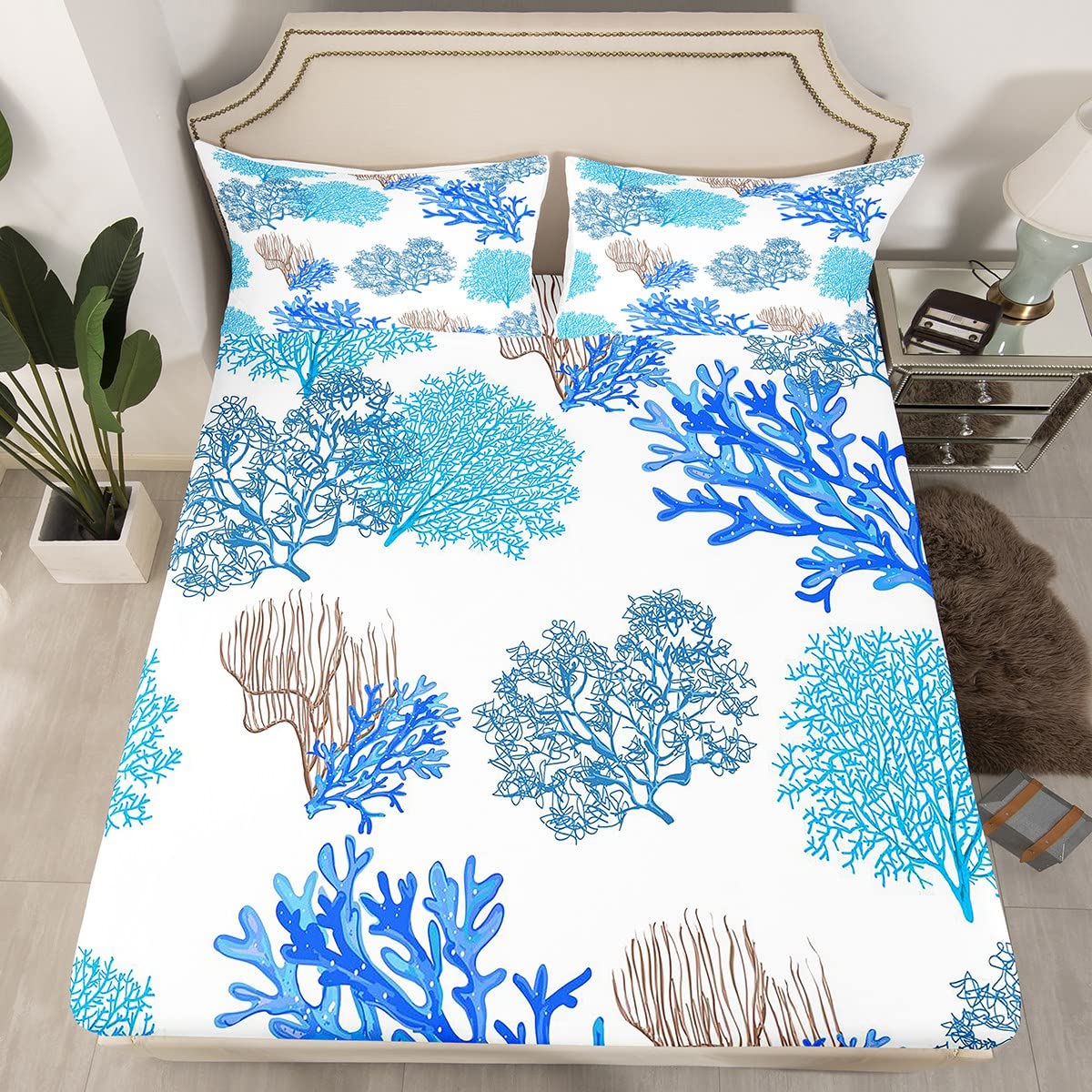 Set Biancheria Da Letto 230x220 Cm Con Stelle Marine E Coralli – Design Nautico Blu Per Ragazzi E Ragazze, Trapunta In Microfibra 2 Federe