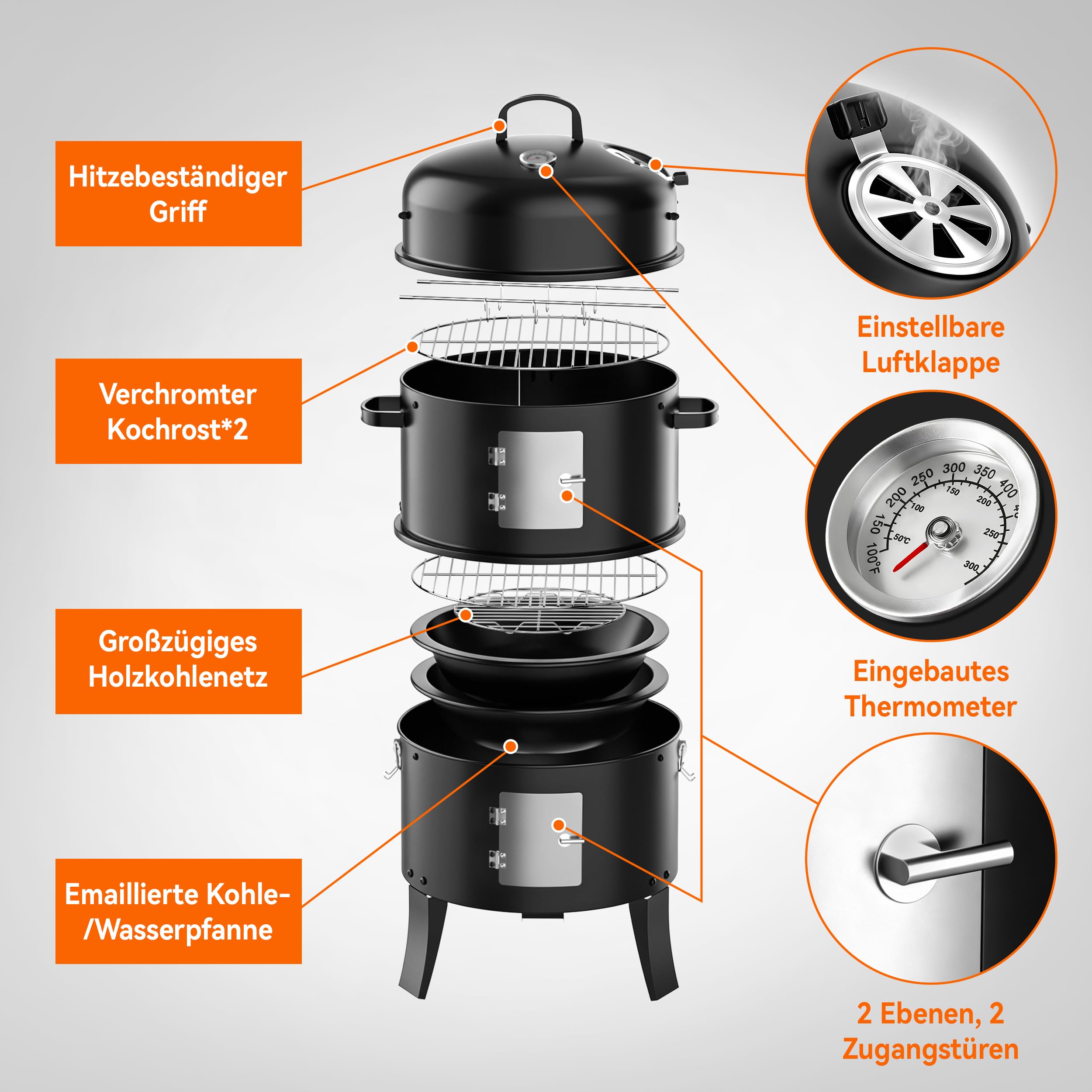 KEYO GRILL Tragbarer Räucherofen - 342 Quadratzoll, Robuster 3-in-1-Holzkohlegrill mit 2 Edelstahlrosten & Eingebautem Thermometer, Campinggrill für Garten, Schuppen, Terrasse
