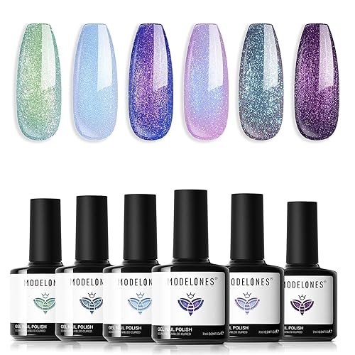 modelones Chameleon Gel Nail Polish Set- 6 Colors Winter Aurora Shimmer Glitter Gel Polish Kit Blue Green Purple Nail Gel Polish Thanksgiving Soak Off LED Nail Lamp Nail Art Gel Kit DIY Salon Gift - A A A0 Chameleon Galaxy