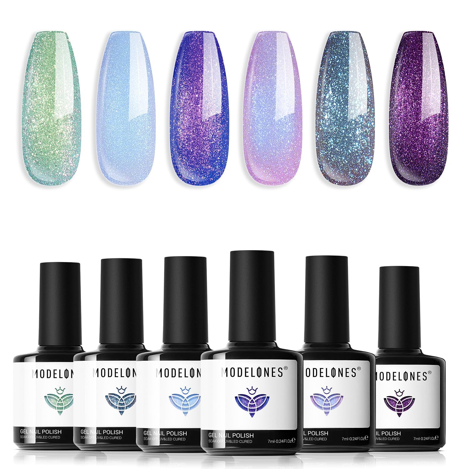 Chameleon Gel Nail Polish Set- 6 Colors Aurora Shimmer Glitter Gel Polish Kit Blue Green Purple Nail Gel Polish Fall Winter Soak Off LED Nail Lamp Nail Art Gel Kit DIY Salon Gift for Women