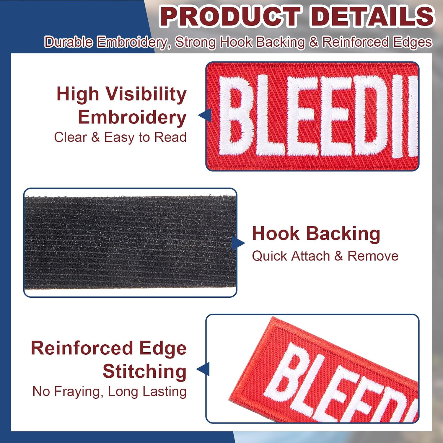 Mindsoft Bleeding Control Medical Name Tapes, 1 x 5 Inch Embroidered Name Patches with Hook and Loop Backing for Packs and Pouch Designations, Trauma Kits, First Aid Bags, White Red