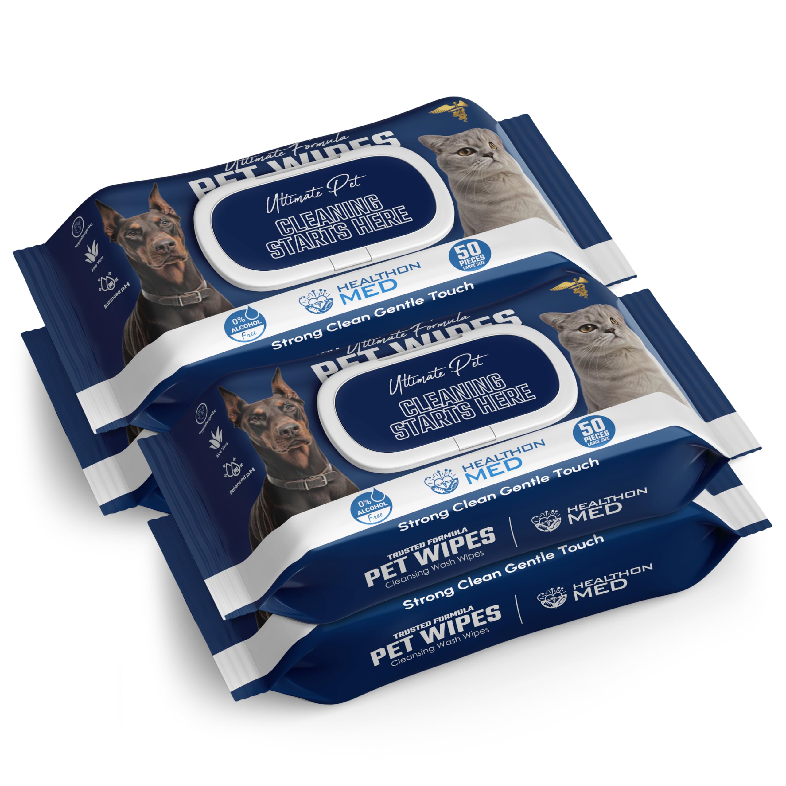 HEALTHON MED Premium Pet Wipes for Dogs & Cats – Extra Thick Hypoallergenic Cleansing Wipes with Aloe Vera, No Rinse, for Paws, Body, Eyes & Ears – 4 Pack (200 Count)