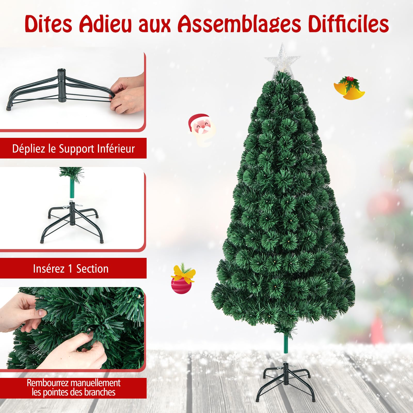 COSTWAY Sapin de Noël 150 cm, Arbre Lumineux 170 LED, 8 Modes d'Éclairage, 170 Branches en PVC, Étoile Lumineuse, Fibres Optiques, Décoration pour Maison, Bureau, Magasin