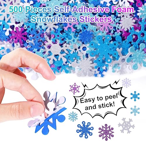 Miniatura 2 de Aneco 500 calcomanías de espuma con purpurina para copos de nieve autoadhesivos, calcomanías de nieve para decoración de Navidad e invierno y