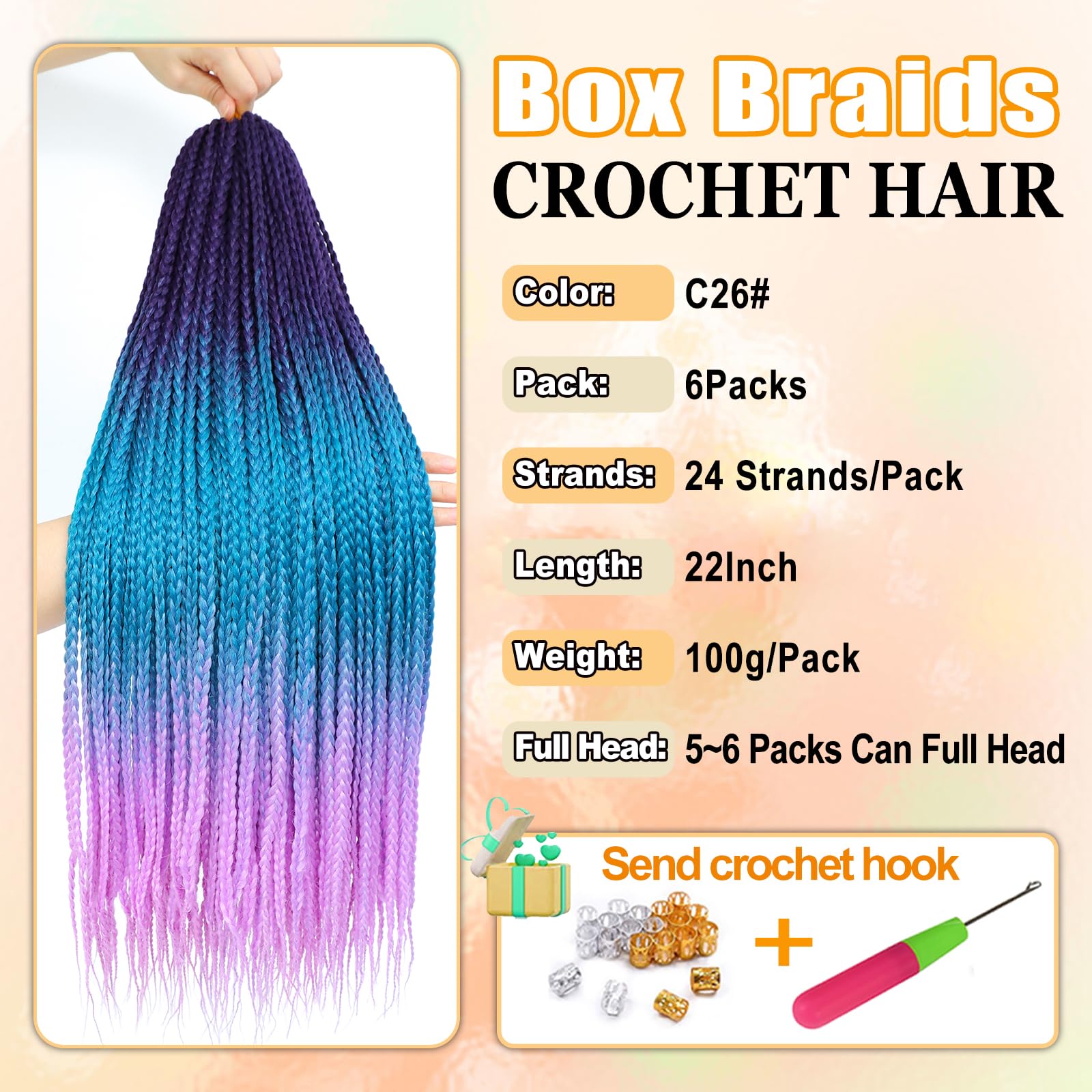 AMLUCKS Box Braids Crochet Hair 6 Packs Pre Looped Knotless Medium 3X Braids Goddess Box Braids Crochet Hair Extensions for Black Women Braiding Hair (C26# - Image 2