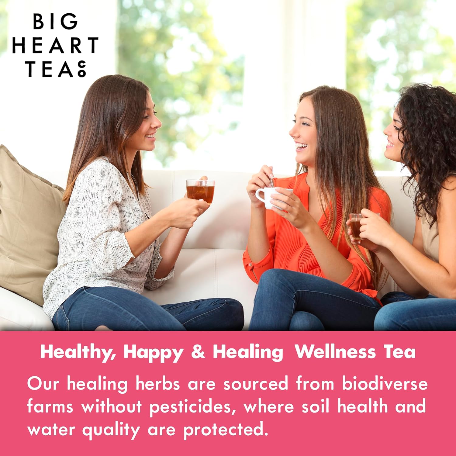 Big Heart Tea Co. Tea Bags - Blushing Pink Hibiscus - Certified Organic, Naturally Sweet Ayurvedic Herbal Decaf Tea with Small Batch Ground Herbs - Adaptogenic Tulsi and Lemongrass, 20 Tea Bags