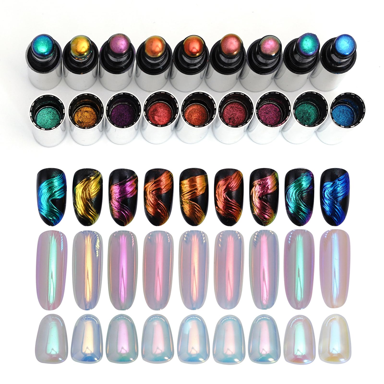 KATFAN Holographic Chrome Nail Powder Set, 9 Colors Metallic Mirror Effect Powder with Silicone Nail Brush Iridescent Shell Aurora Glitter Nail Art