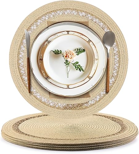 AHHFSMEI Juego de 6 manteles individuales redondos de papel y yute trenzados, antideslizantes, resistentes al calor, para mesas de comedor,