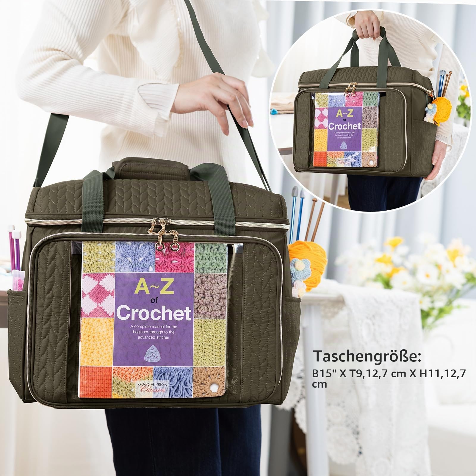 MYBAGZING Große Garn-Aufbewahrungstasche, Häkeltasche, Organizer, Garntaschen zum Häkeln, Aufbewahrungstasche mit Taschen für Häkelnadeln, Häkelzubehör, Stricktaschen, Geschenke für Häkeln