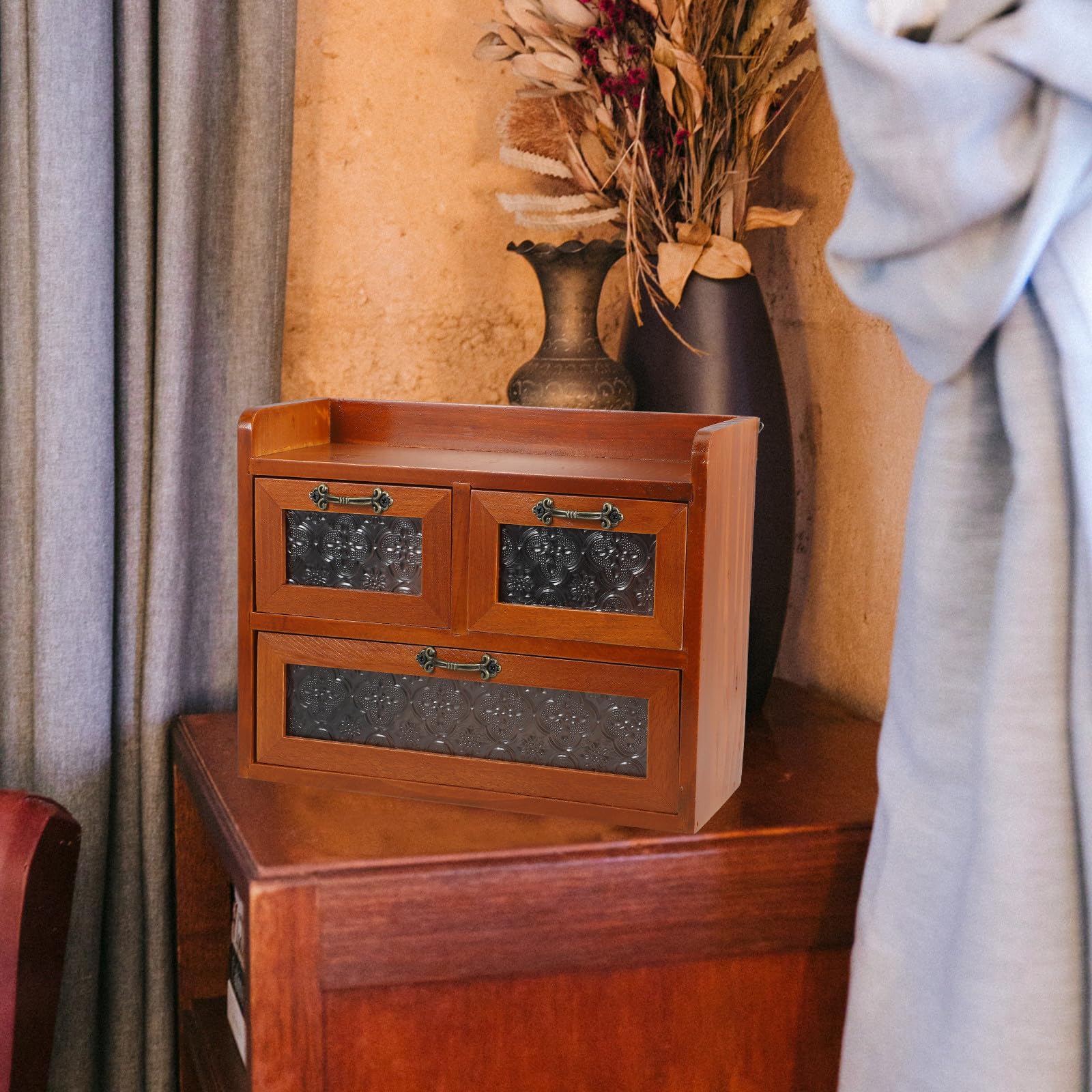 Armoire de Rangement Vintage en Bois et Verre Plateau Lisse, Pratique et Facile à Utiliser pour Bureau ou Chambre, Style Chic et Fonctionnel