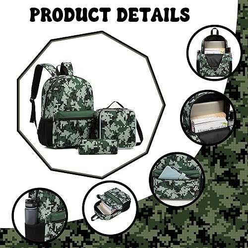 Miniatura 4 de Mochila escolar para niñas de 8 a 12 años, mochila para niñas con lonchera y suministros de regreso a la escuela, Camuflaje negro., Moderno