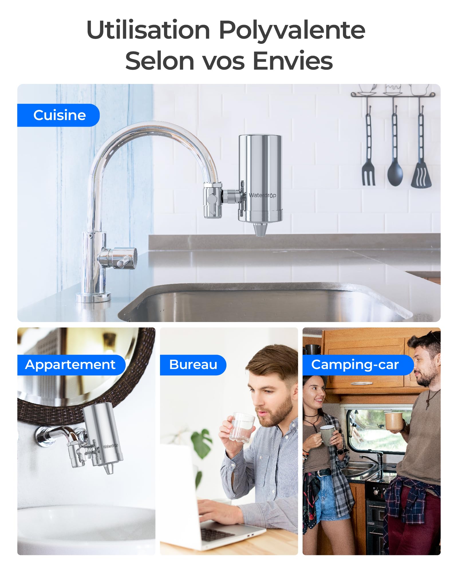 Filtre à Eau de Robinet Waterdrop WD-FC-06 Acier Inoxydable Système Filtration Bloc Carbone 4 Filtres