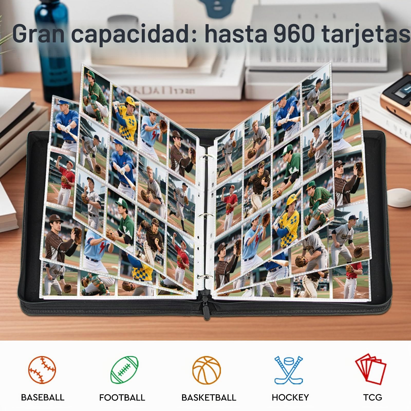 Album Cartas, 12 Bolsillos Álbum de Carta Capacidad para 960 Cartas, Álbum de Tarjetas de Béisbol de Calidad y Duradero con Cremallera, Card Binder para Tarjetas YGO/MTG/TCG, Negro