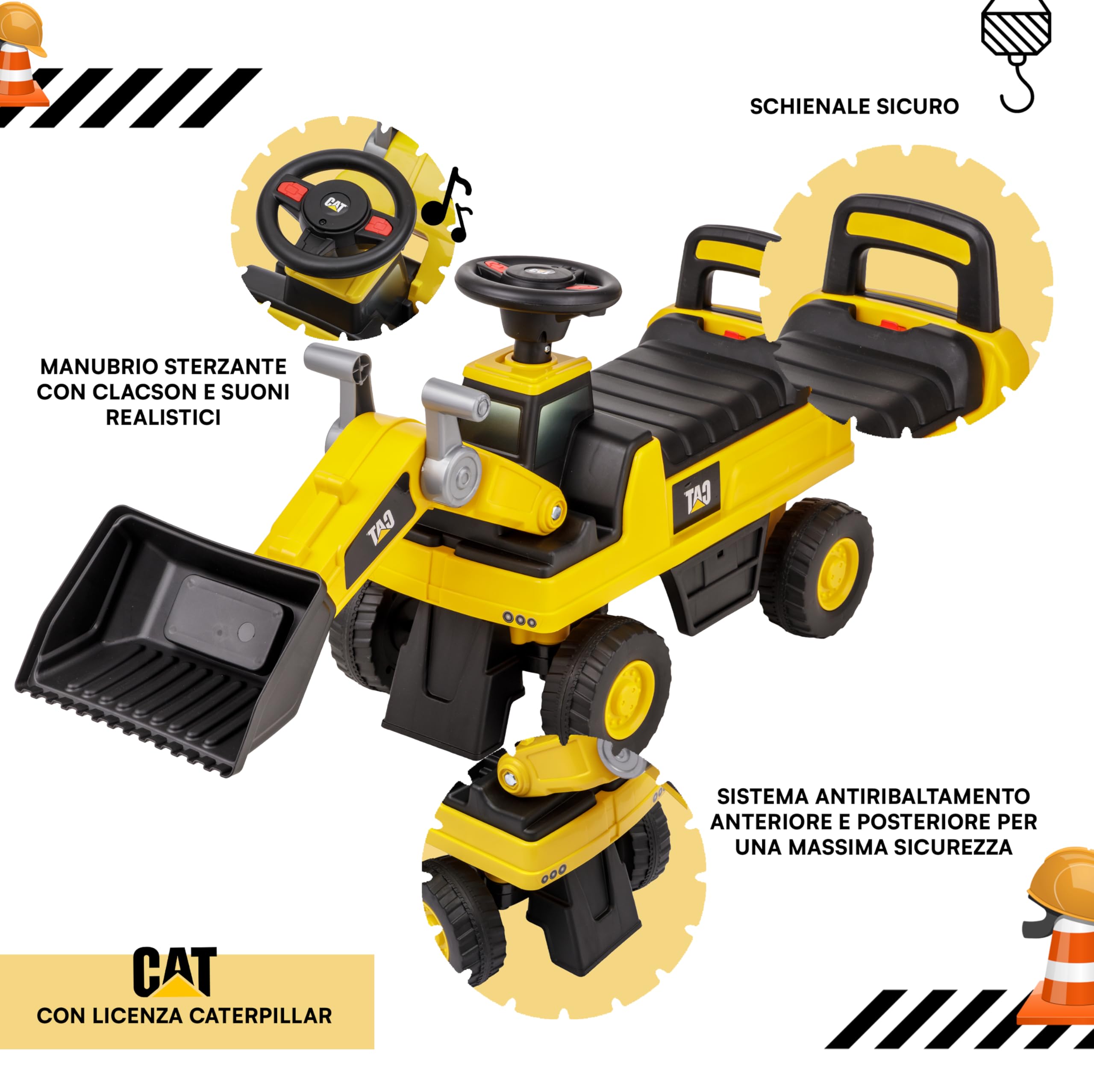 Baroni Toys Ruspa/Escavatore Cavalcabile per Bambini 1-3 Anni, con Licenza CATERPILLAR, Clacson Sonoro, Pala Mobile e Vano Portaoggetti, Dispositivo Antiribaltamento, 28x85x48cm
