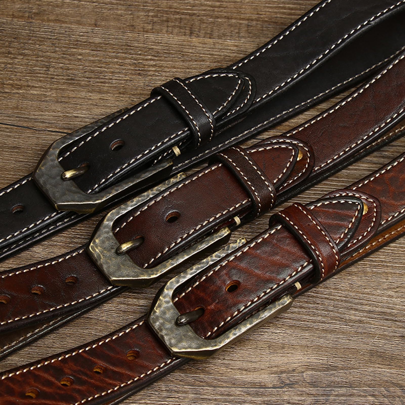 Skórzany pasek przeszyty pasek pełnoziarnista skóra bydlęca wytłaczany pasek Buckstitch o grubości 5 mm wytrzymały i pasek z postarzaną klamrą