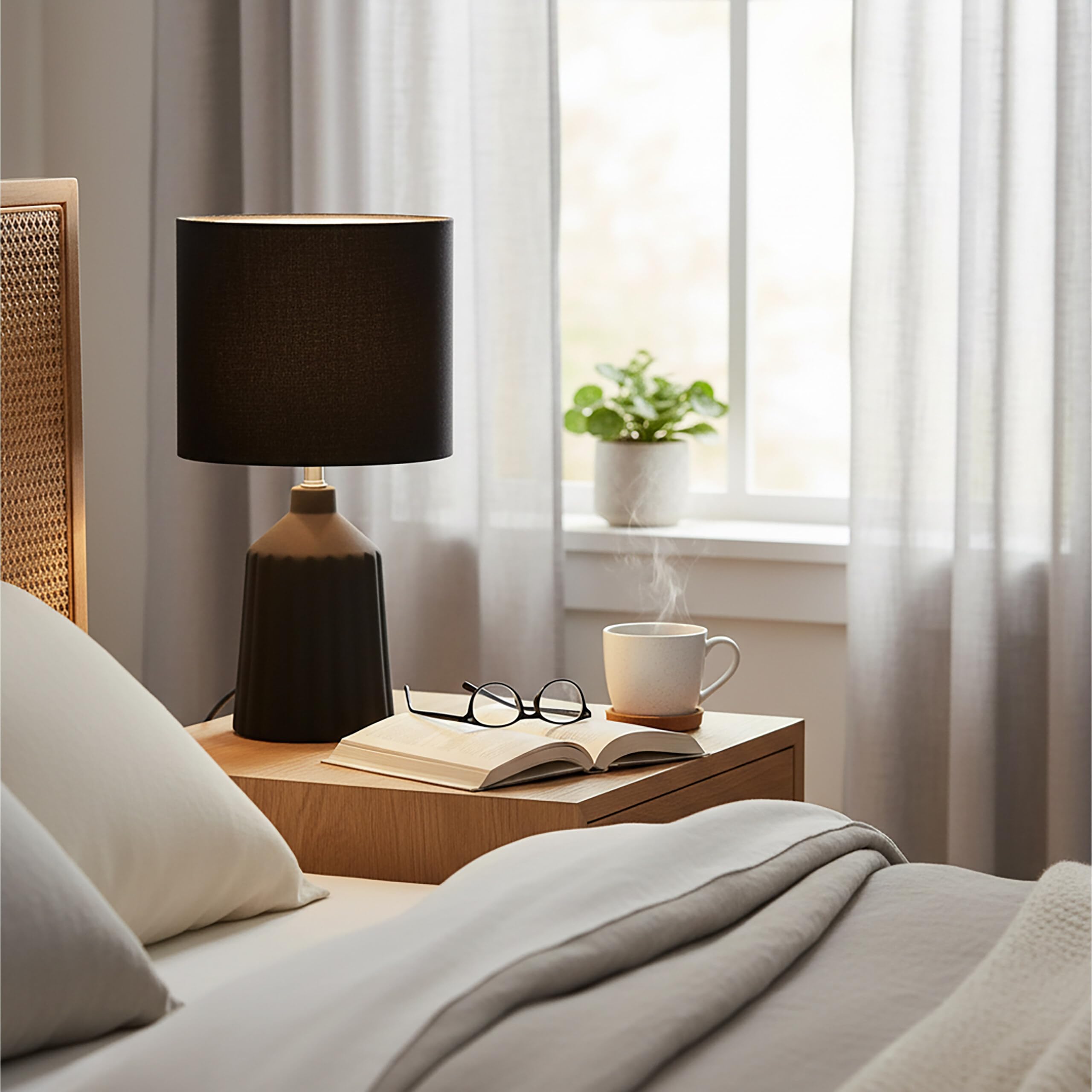 Relaxdays Lampada da Comodino, Base in Ceramica scanalata, Paralume in Tessuto, E14, 42 x 23 cm